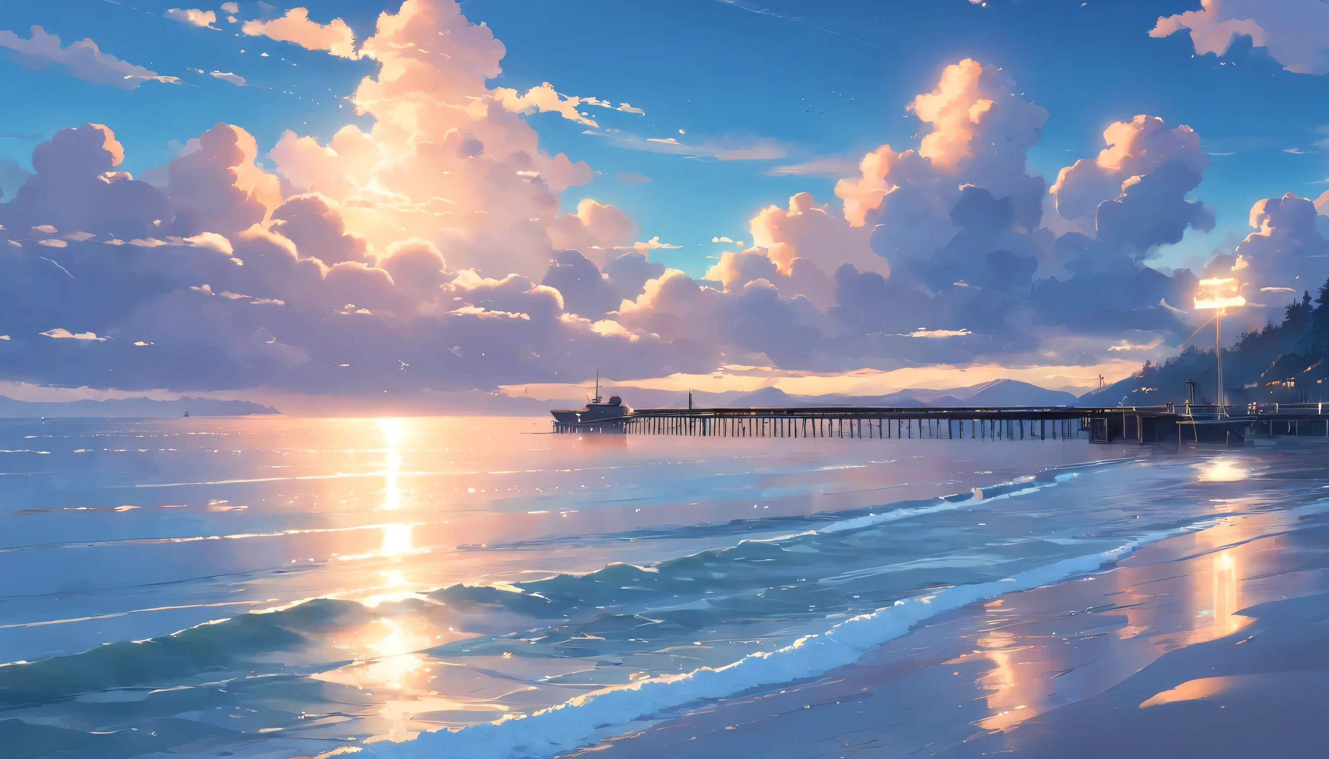 masterpiece、highest quality、Movie Steel southern winter With background cloudy evening Cloudy calm sea Breakwater cloud Temporary by boat grey, beach