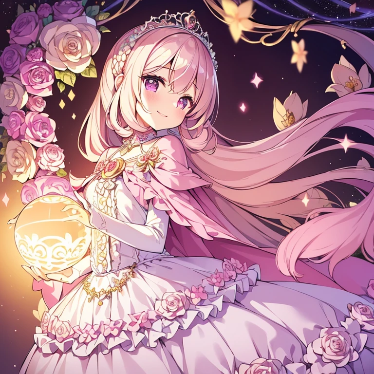(kawaii),(best quality),(ultra detailed),(rococo style),(long train pastel pink cape:1.15), very long cape,(long train white ball gown with flower decorations:1.1), a girl is wearing a cape over her gown, 1 little princess, tiara, smile, very long hair, small breasts, beautiful detailed eyes, beautiful detailed lips, looking at viewer