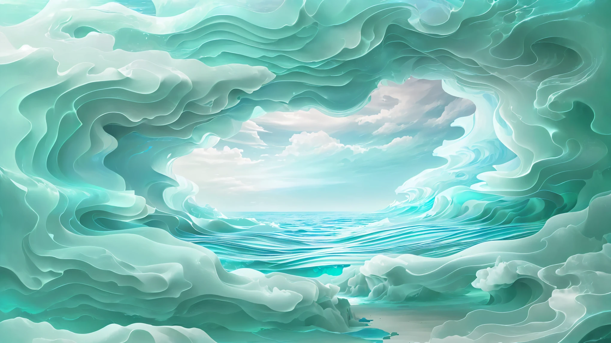 There is an open door leading to the blue ocean, a Surreal dream landscape, Surreal dream landscape, Fantasy seascape, surreal dreamscape, Surreal background, Portal to the Etheric Realm, in a Surreal dream landscape, Entering the Etheric Realm, Detailed Dreams, Surreal colors, hyperrealistic digital art, Surreal clouds, dream portal, Surreal landscape, Stunning digital art