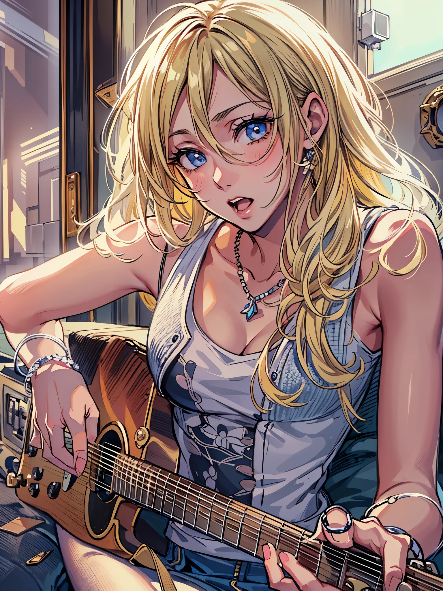 (highest quality,4K,8K,High resolution,table top:1.2), Super detailed, (realistic,photorealistic,photo-realistic:1.37), ((full body)),((slender body)),((one 23 years old woman)),((cool beauty)),((rage eyes)),((Unfortunate)),((blonde hair)), ((long hair)),black camisole, damaged denim jeans,necklace,((playing-the-guitar)),((sing-a-song)),beautiful and detailed eyes, beautiful detailed lips, highly detailed eyes and face, long eyelashes, realistic anime 3D style, Smooth anime CG art, Digital Moe anime art style, photorealistic rendering of an anime girl, realistic young anime girl, girl fan art, Created by Anime Artist.