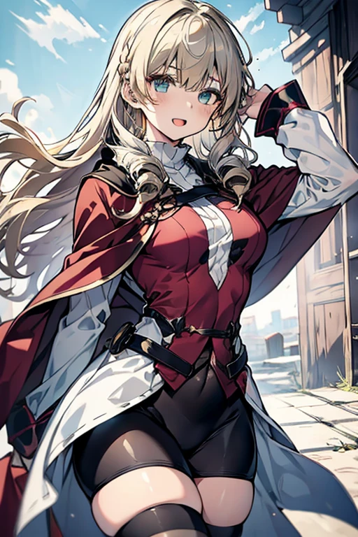 masterpiece, a girl 19 years old, sparrow, a silver blonde haired girl, wearing a brown viking clothes, curly medium hair, messy hair, slim body, wearing furry capelet with hoody, girl close her left eye, shirt ornament, aqua eyes, sho show her back, ahoge, red vest, baby face, small breast, beautiful breasts, rounded breasts, braid hair, long sleeves, beautiful eyes, white stocking, droopy eyes, smile, ancient viking , looking at viewer, open mouth, 