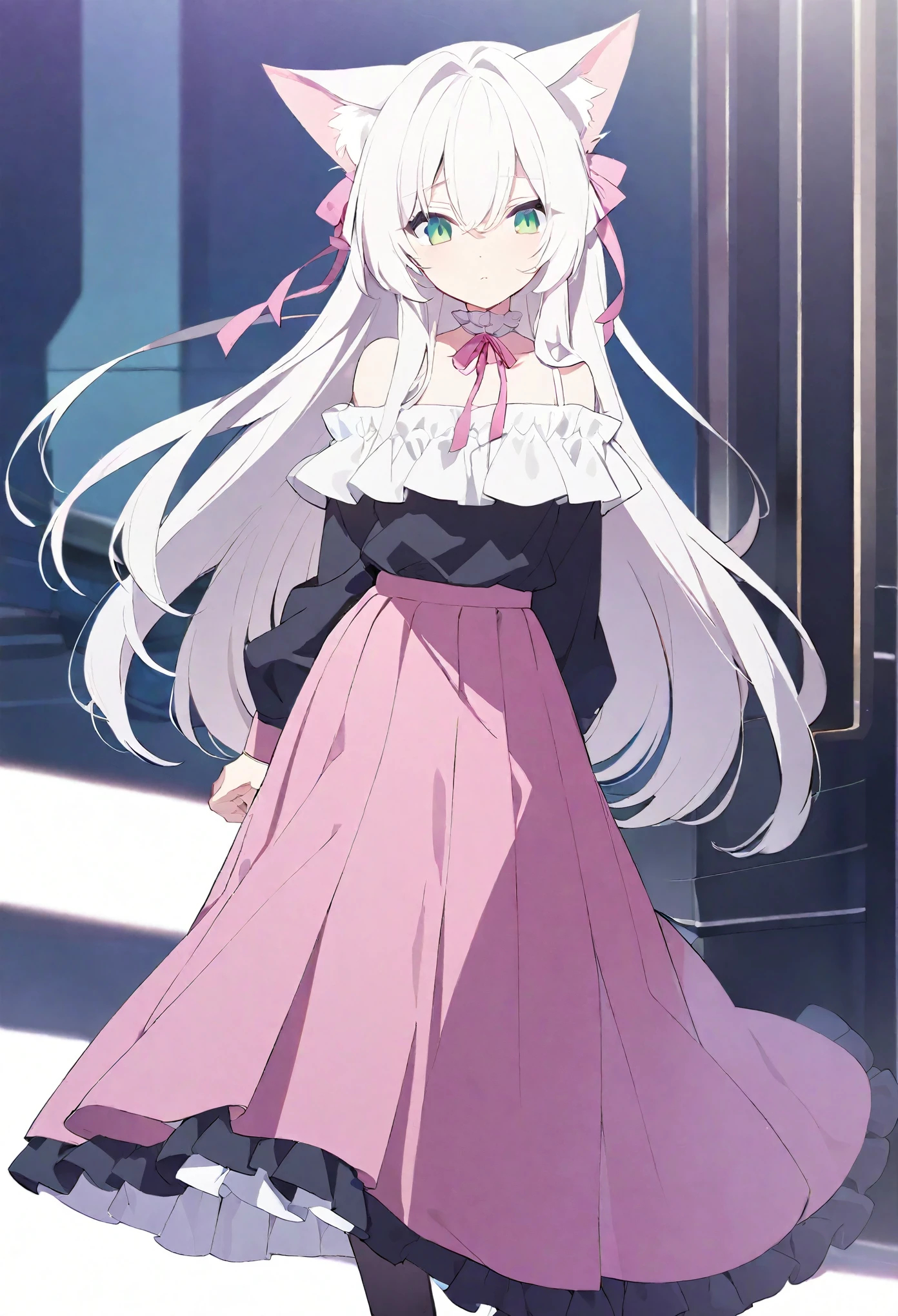((Anime cat girl)), ((White long hair)), ((Green eyes)), ((Ruffled off-shoulder shirt)), ((Long skirt)), (Black stockings)), ((Pink neck ribbon)). 