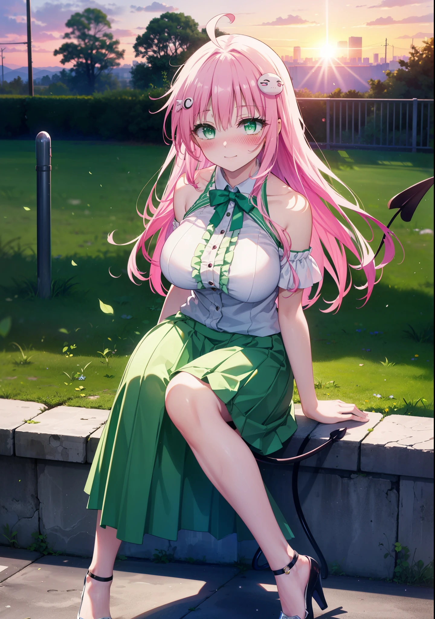 Laradevi Luke, Lara Deviluke, Long Hair, Pink Hair, tail, Ahoge, bangs, hair ornaments, (Green Eyes:1.5), smile,blush,Big Breasts,
break demon tail, Cordo shoulder top,Long skirt,Stiletto heels,The sun is setting,Sunset,evening,Sitting on the steps in the park,whole bodyがイラストに入るように,
break outdoors, 公園
break looking at viewer, whole body,
break (masterpiece:1.2), highest quality, High resolution, unity 8k wallpaper, (shape:0.8), (beautiful detailed eyes:1.6), extremely detailed face, Perfect lighting, extremely detailed CG, (Perfect hands, Perfect Anatomy),