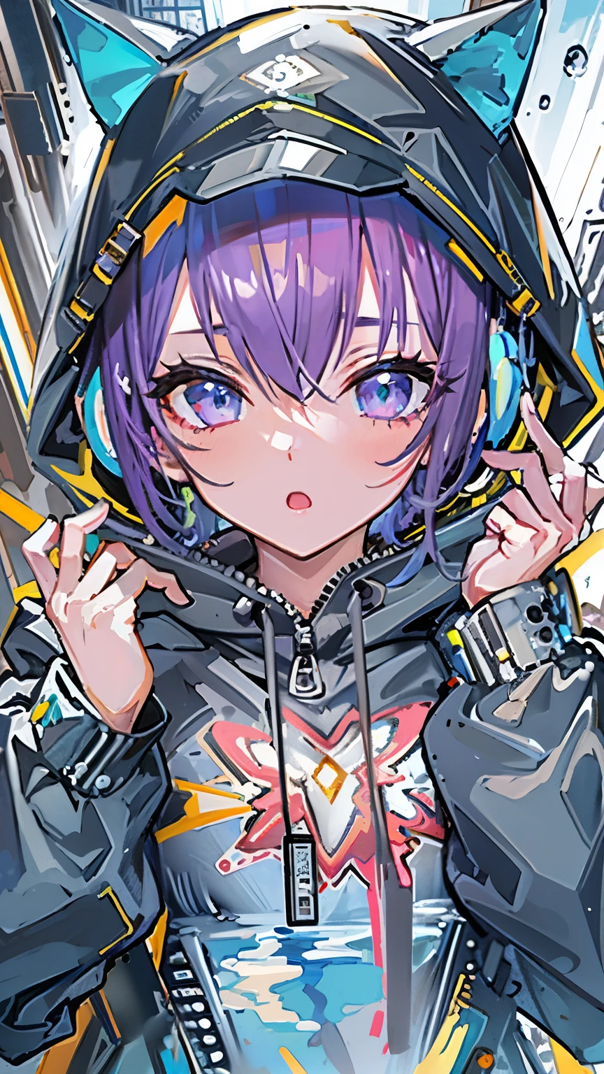 8K resolution、((Top quality))、((masterpiece))、((Ultra Detailed))、1 female、solo、Ridiculous、Oversized Hoodie、earphone、street、outdoor、rain、Neon、Shortcut hairstyles、brightly colored eyes、Hands in pockets、shorts、Water Drop