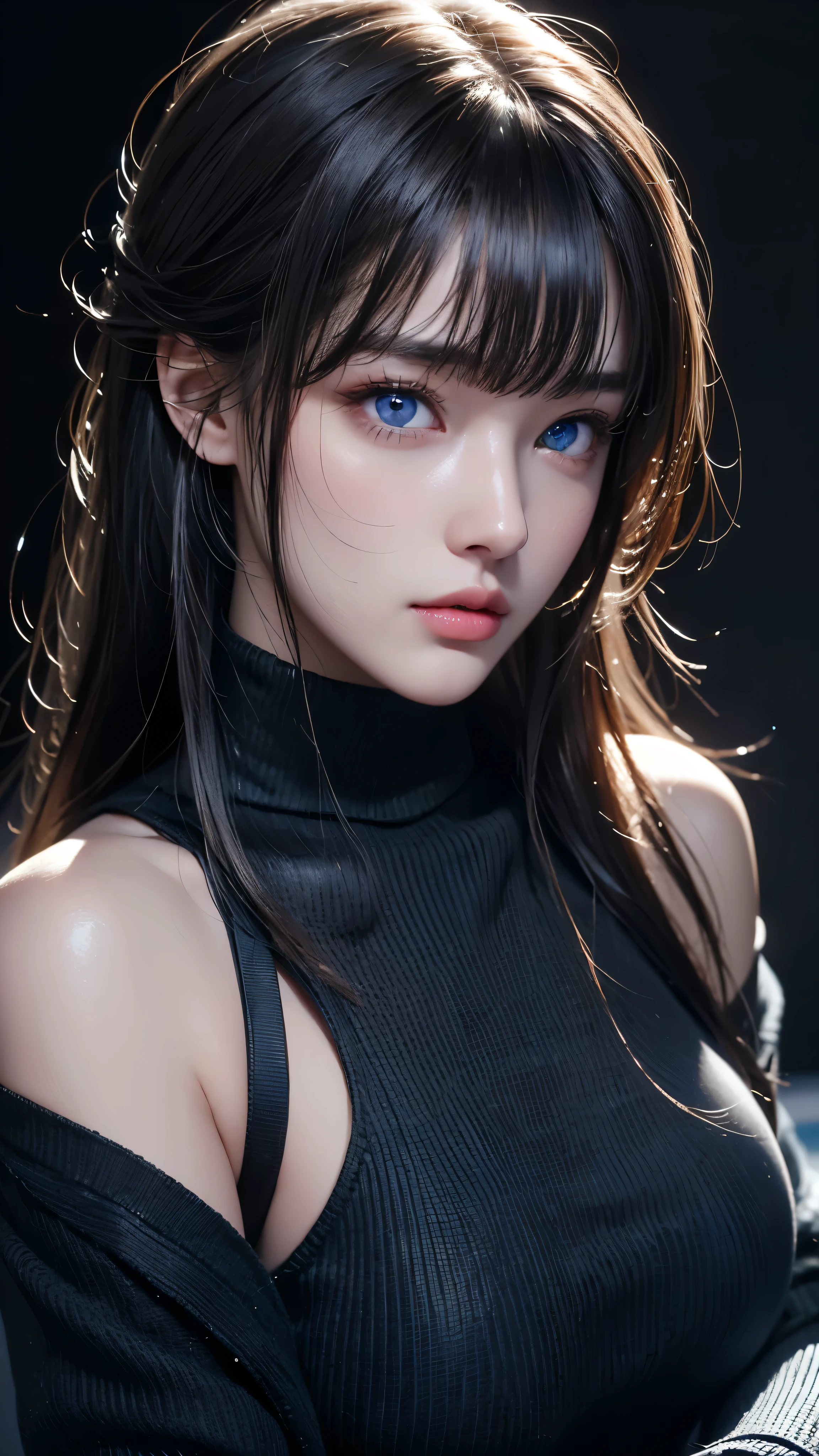 masterpiece, highest quality, Super detailed, Facing the camera, Super detailed, Realistic, Sharp features, Very detailed, Sharp focus, Perfect Face, Perfect Face, Perfect symmetrical perfect eyes, Perfect Plump Lips, Flexible female form, Cinematic, Film Light, Super detailed, hyper Realistic, masterpiece, Atmospheric, High resolution, Vibrant, Dynamic Studio Lighting, ((Dark Background)), The expression when enduring pleasure, Straight bangs, blue eyes,Black sweater, Cowboy Shot,turtleneck、first round、Sexually aroused expression