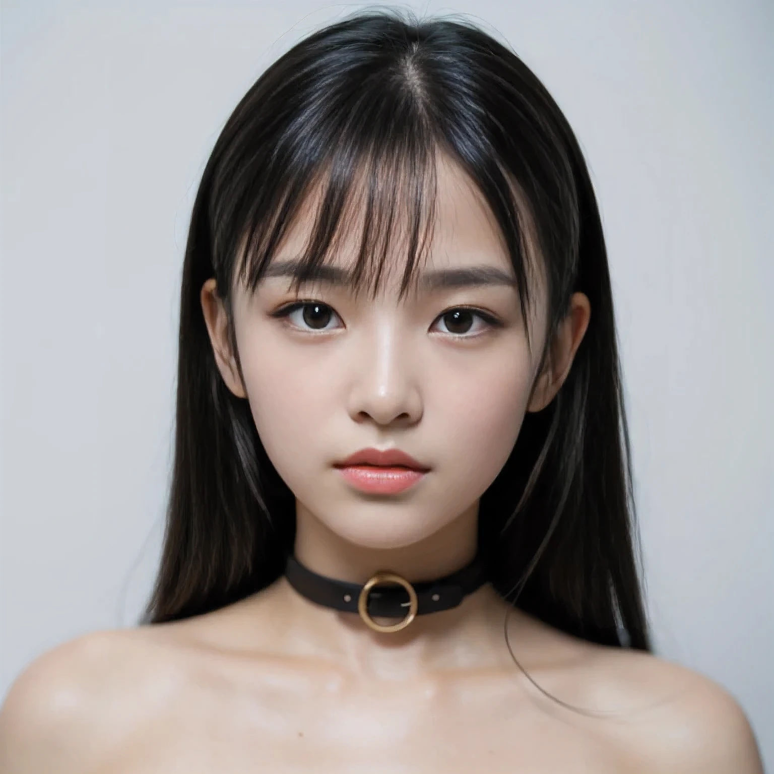 Simple White background, face photo, face focus, looking at camera, body facing camera, 1 Girl, (black leather collar), nude