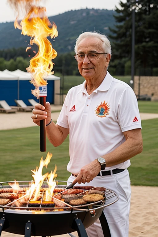 Un banquier de 60 ans avec des lunettes, Il porte la flamme olympique et allume le feu dans un barbecue