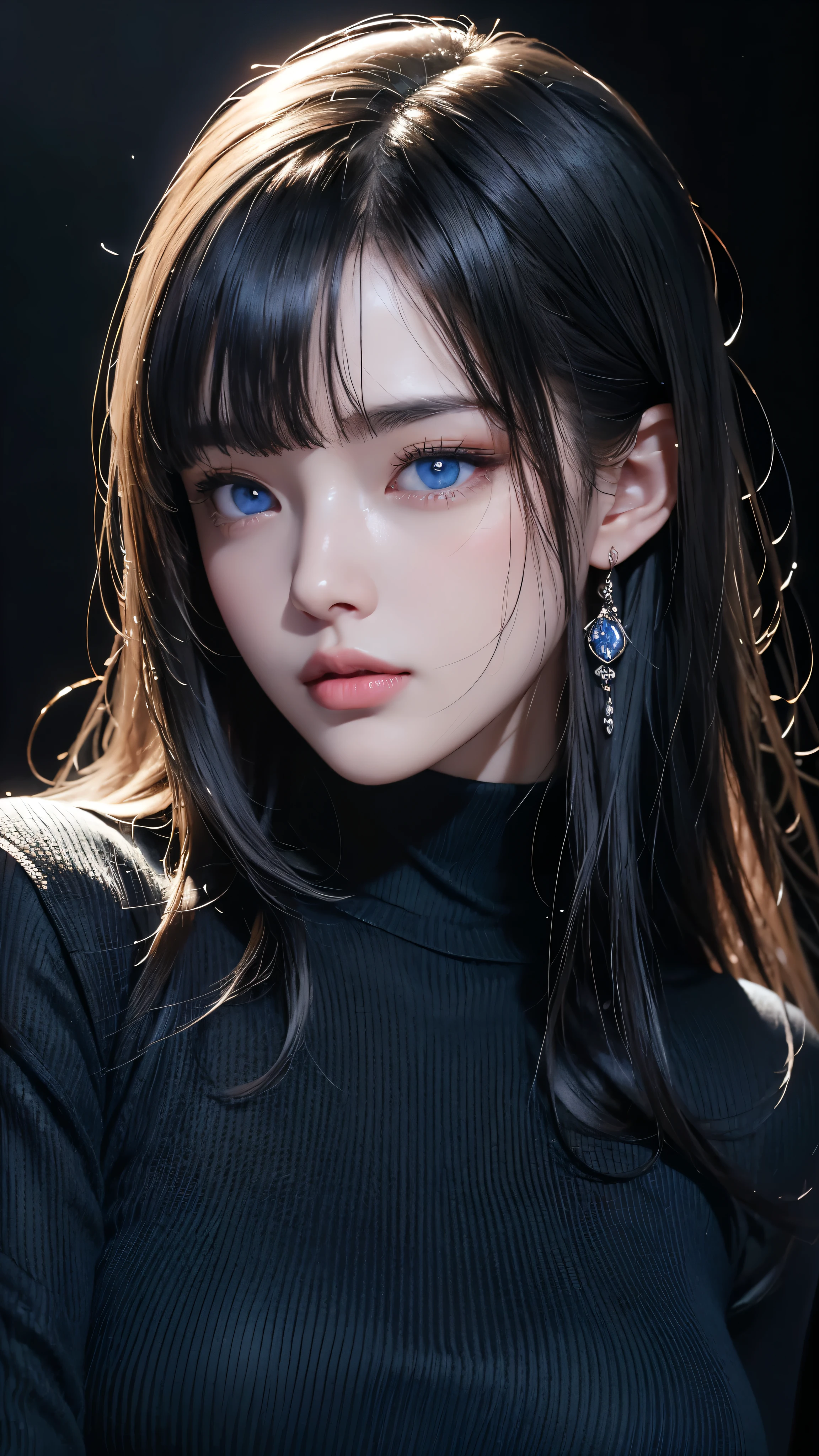 masterpiece, highest quality, Super detailed, Facing the camera, Super detailed, Realistic, Sharp features, Very detailed, Sharp focus, Perfect Face, Perfect Face, Perfect symmetrical perfect eyes, Perfect Plump Lips, Flexible female form, Cinematic, Film Light, Super detailed, hyper Realistic, masterpiece, Atmospheric, High resolution, Vibrant, Dynamic Studio Lighting, ((Dark Background)), The expression when enduring pleasure, Straight bangs, blue eyes,Black sweater, Cowboy Shot,turtleneck、first round、Sexually aroused expression