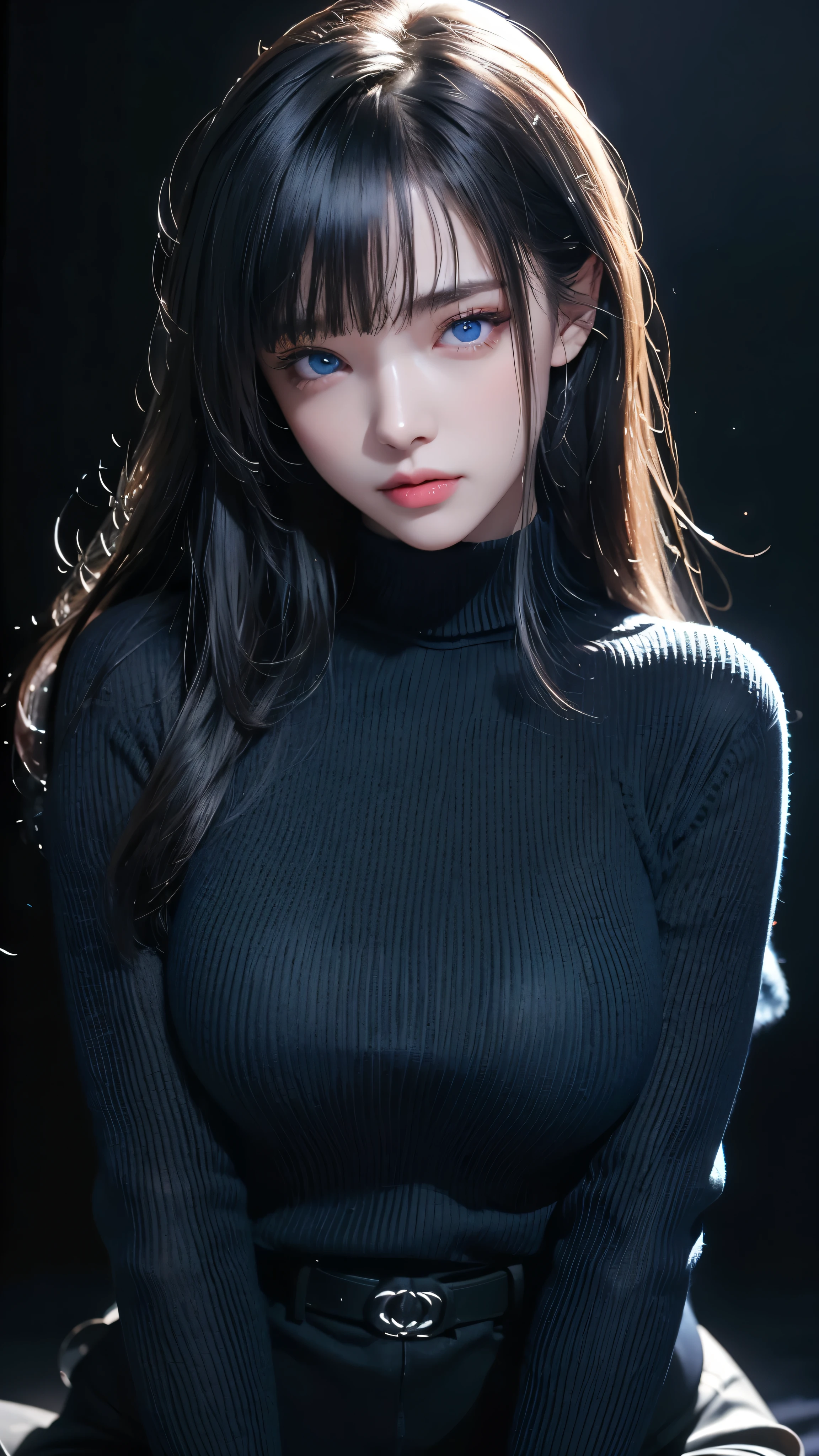 masterpiece, highest quality, Super detailed, Facing the camera, Super detailed, Realistic, Sharp features, Very detailed, Sharp focus, Perfect Face, Perfect Face, Perfect symmetrical perfect eyes, Perfect Plump Lips, Flexible female form, Cinematic, Film Light, Super detailed, hyper Realistic, masterpiece, Atmospheric, High resolution, Vibrant, Dynamic Studio Lighting, ((Dark Background)), The expression when enduring pleasure, Straight bangs, blue eyes,Black sweater, Cowboy Shot,turtleneck、first round、Sexually aroused expression