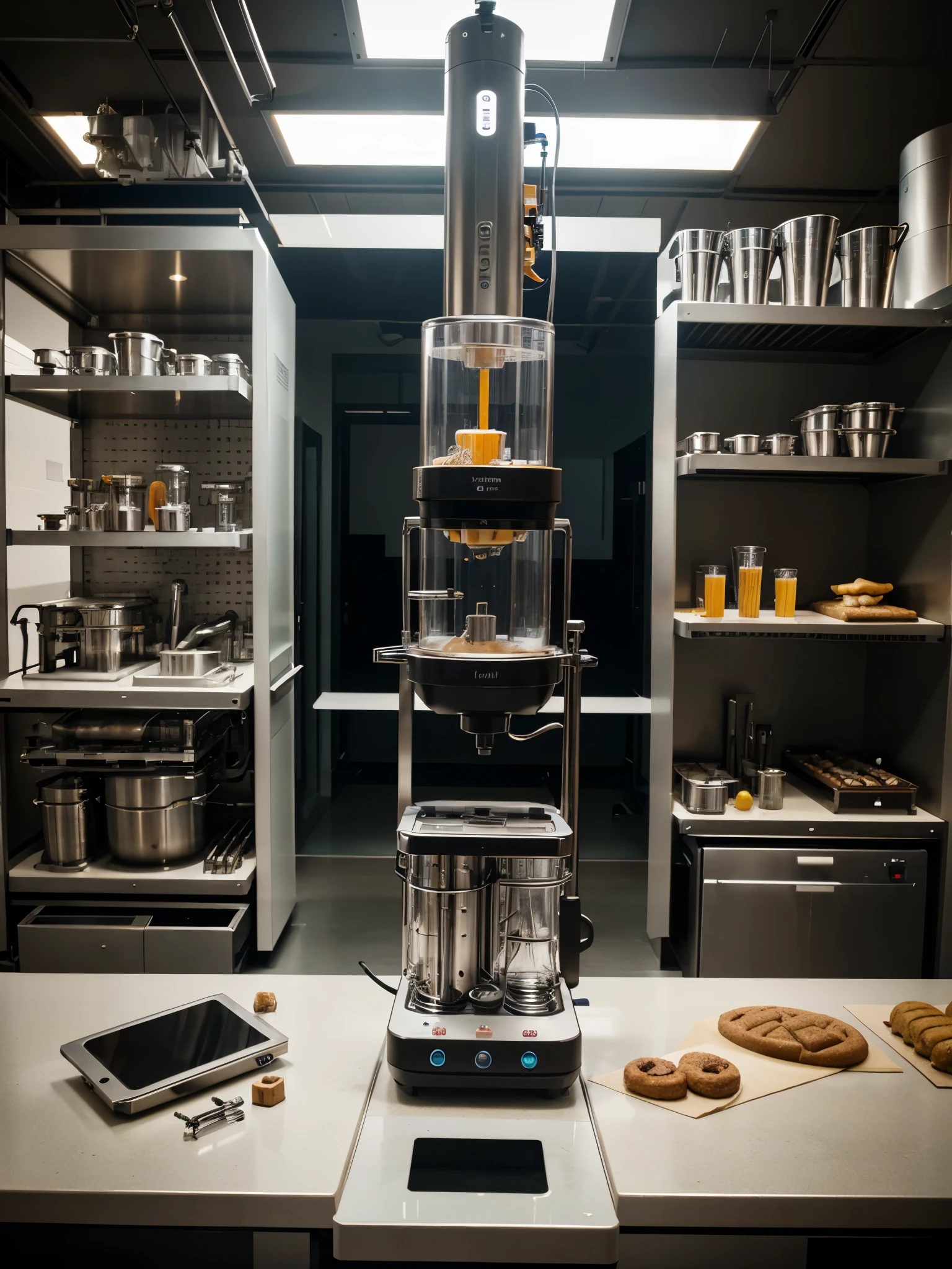 technological tools for creating and experimenting food science, futuristic, AI, no human, only machines and technology