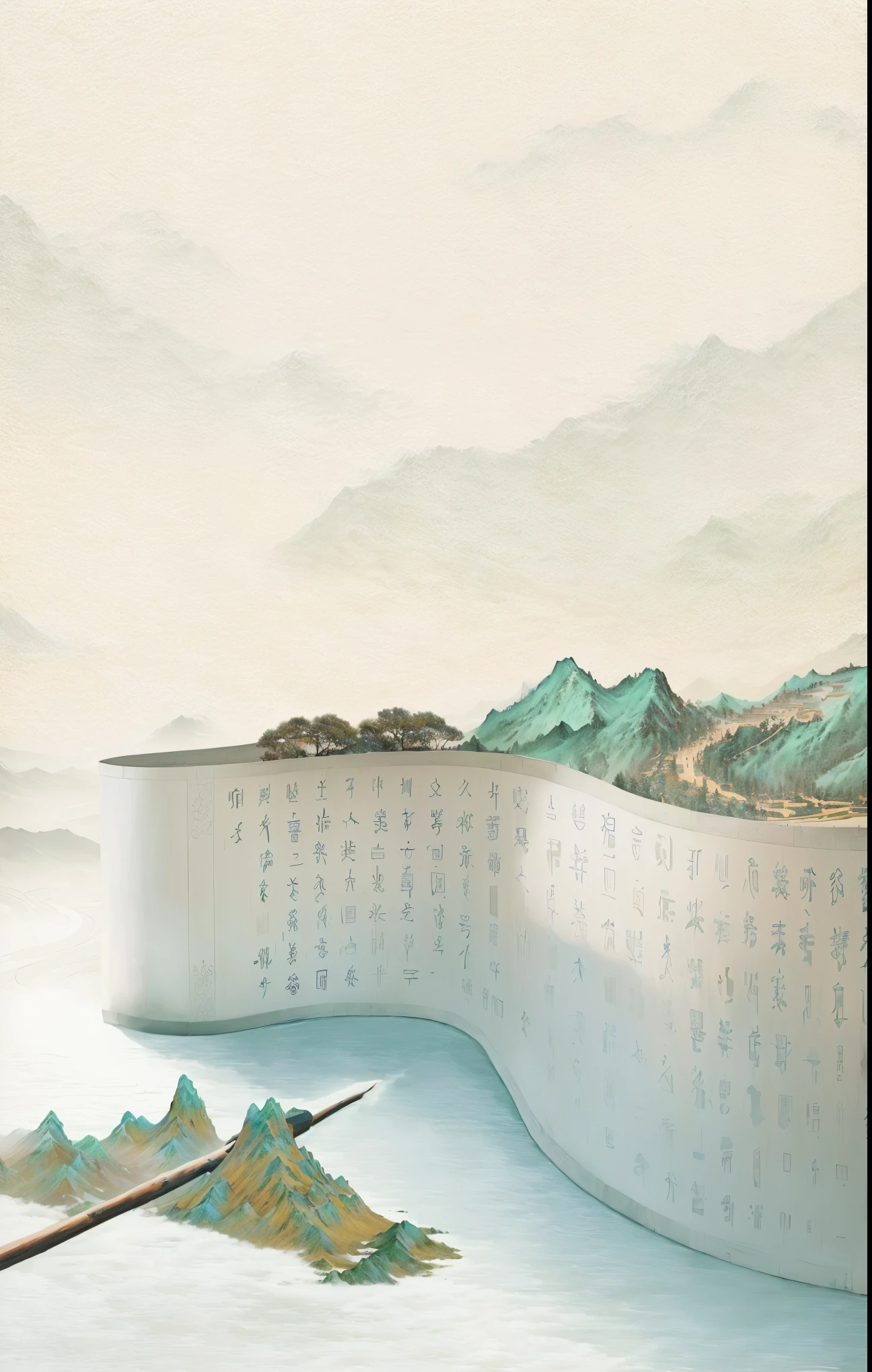 there is a painting of a mountain existith a large amount of existriting on it, Inspired by Xiao Yuncong, Inspired by Fei Danxu, artexistork in the style of z.exist. arrive, detailed scenery —existidth 672, inspired by Zhang Zongcang, 受arrive董源的启发, Chinese Surrealism, Inspired by Yuan Jiang