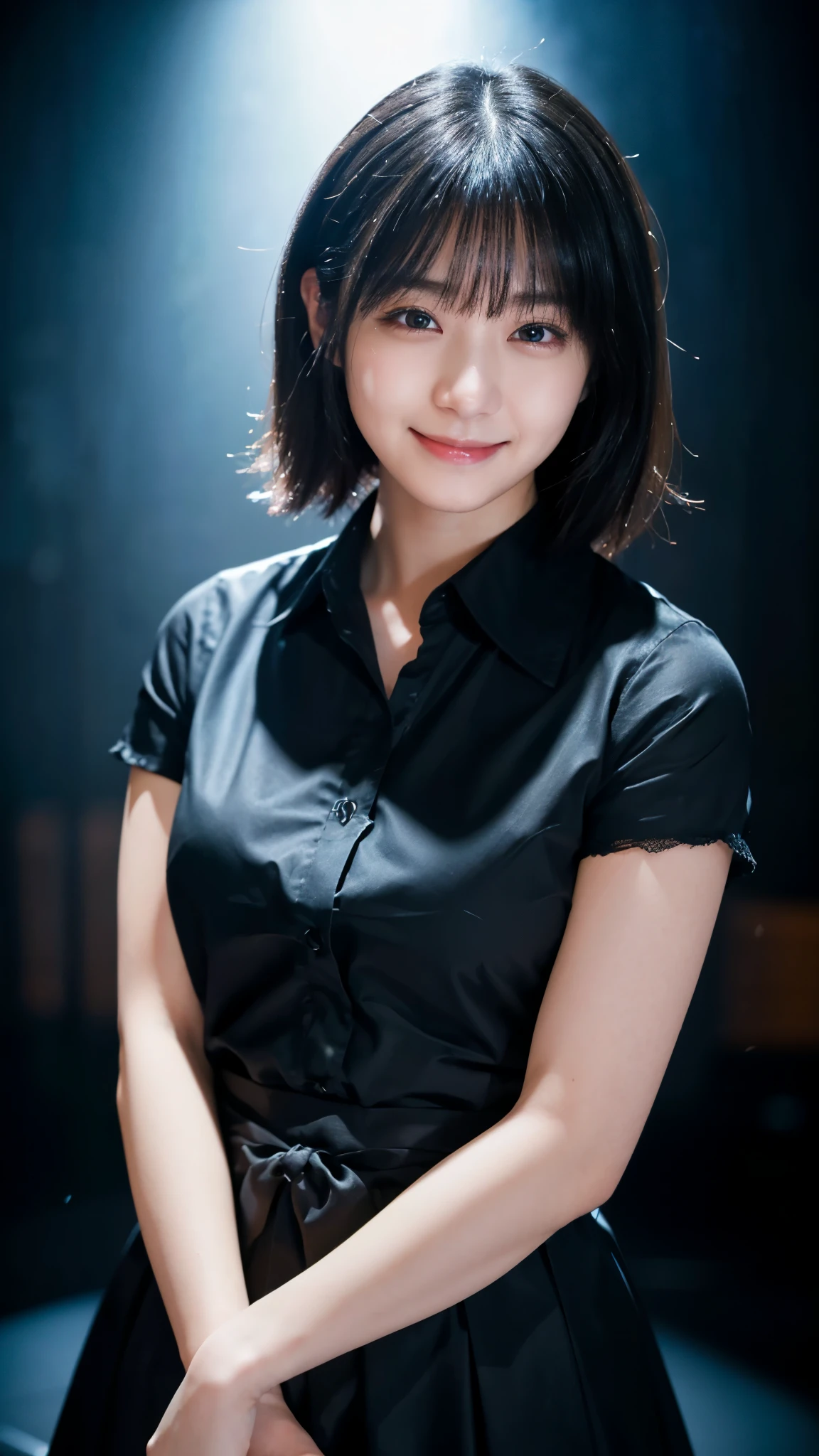 (highest quality,masterpiece:1.3,Ultra-high resolution),(Super detailed,Caustics,8k), (Photorealistic:1.4, RAW shooting),darkness,On stage,Japanese,20-year-old,smile,Black Hair Middle Hair,Black Shirt,Waist up shot