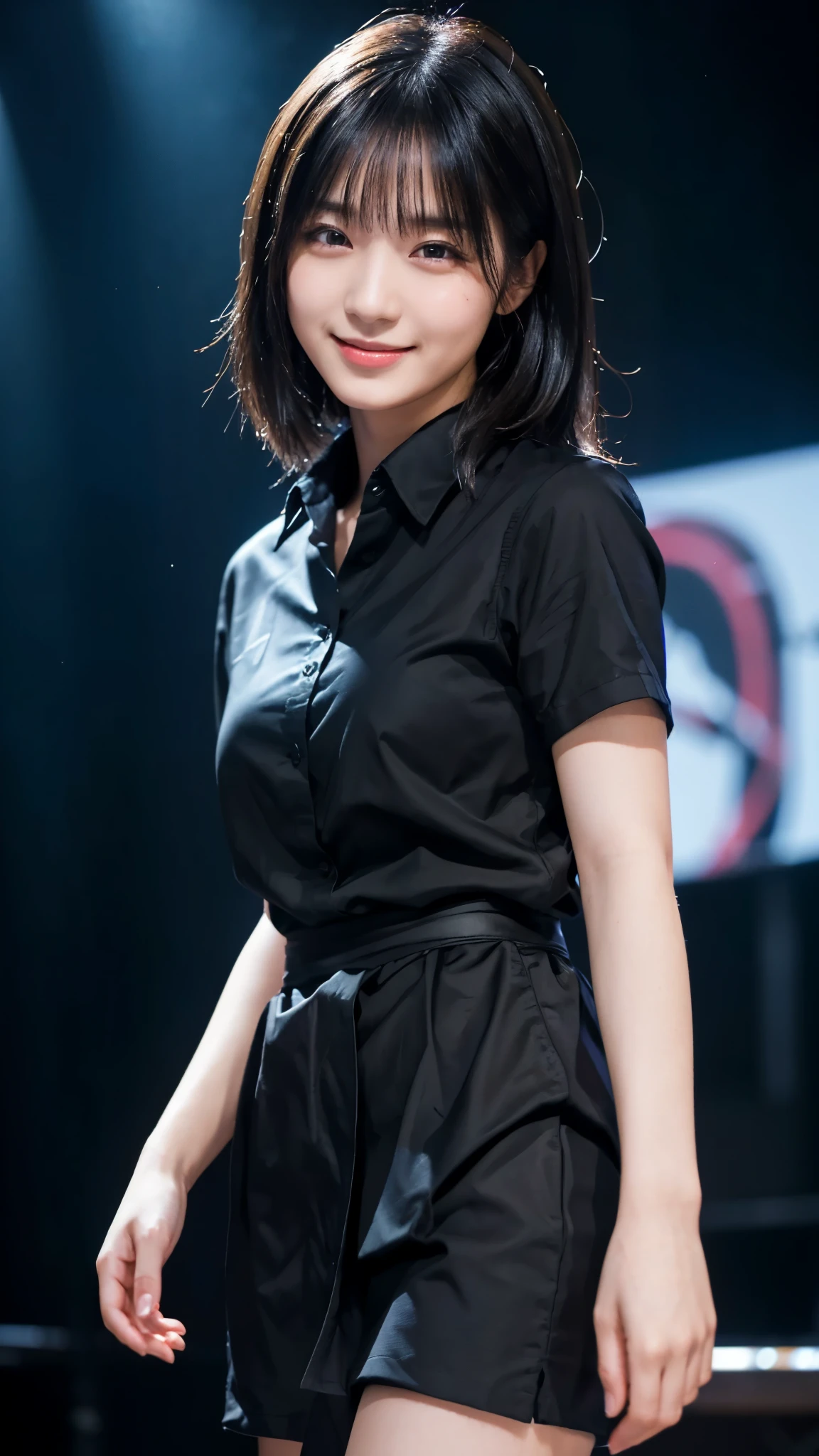 (highest quality,masterpiece:1.3,Ultra-high resolution),(Super detailed,Caustics,8k), (Photorealistic:1.4, RAW shooting),darkness,On stage,Japanese,20-year-old,smile,Black Hair Middle Hair,Black Shirt,Waist up shot