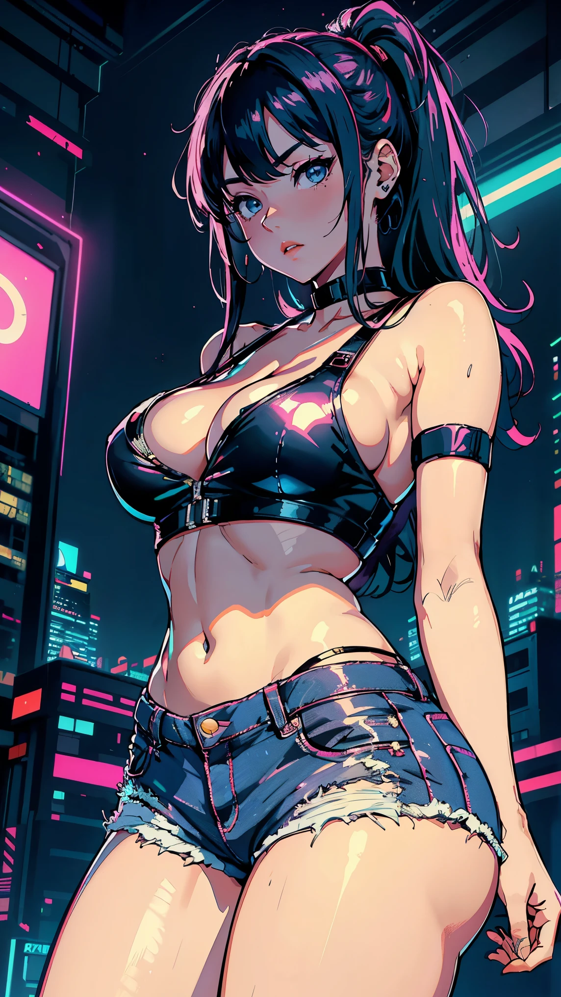 (Hinata Hyuga, Very sensual, In tight clothes, Big Ass, Thick legs, Jean Shorts, Wearing a mini blouse, Navel comes out, Long Hair, Rear speakers, Very realistic, View of the Cyberpunk City, Clearly defined lines, Neon Lights Very Sexy, 8k, 8k Very detailed), (Very delicate and beautiful), (masterpiece), (Better Quality: 1.0), (Ultra-high resolution:1.0), ((Synthwave Background Theme))