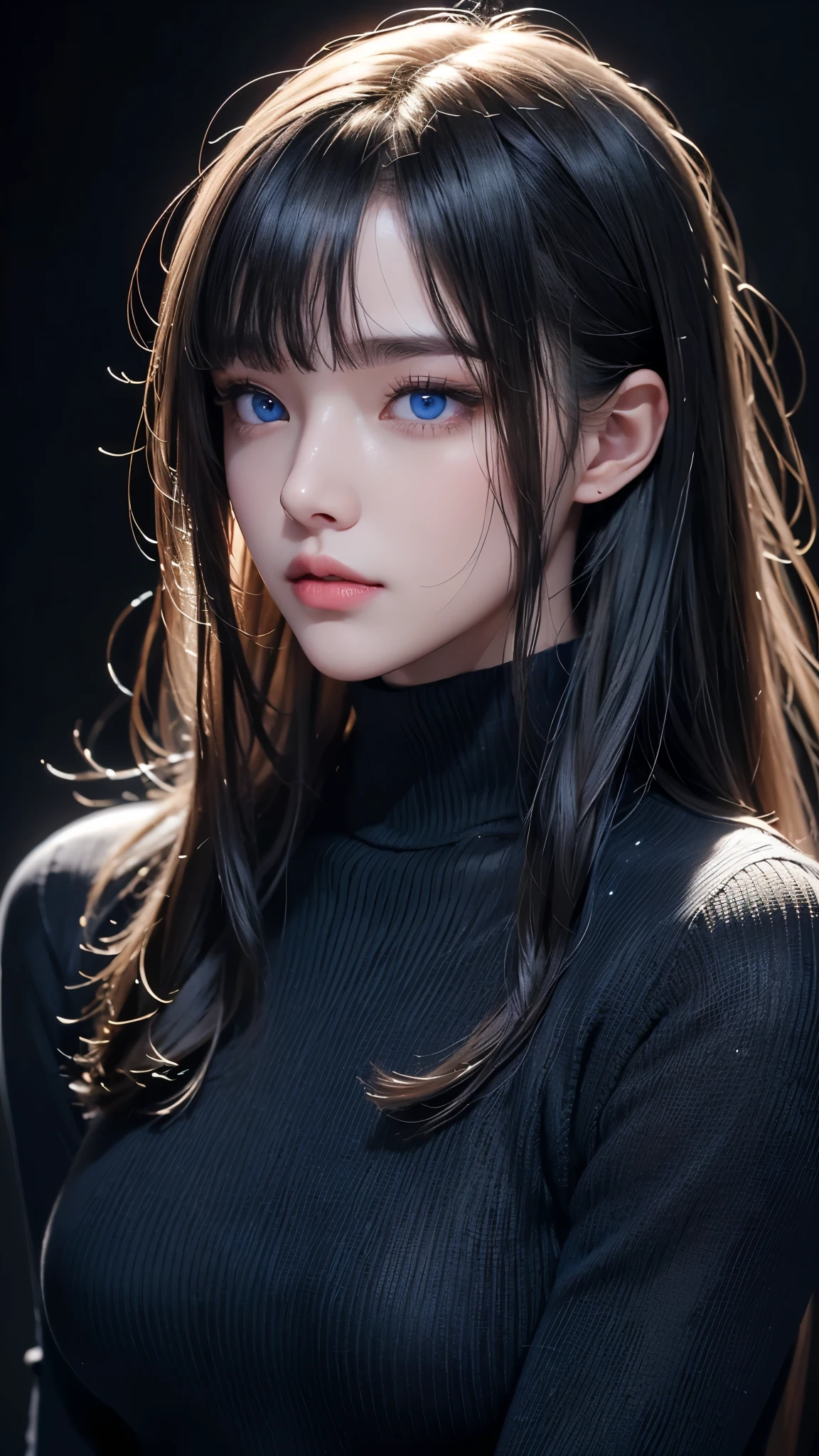 masterpiece, highest quality, Super detailed, Facing the camera, 複雑に詳細なSuper detailed, Realistic, Sharp features, Very detailed, Sharp focus, Perfect Face, Perfect Face, Perfect symmetrical perfect eyes, Perfect Plump Lips, Flexible female form, Cinematic, Film Light, Super detailed, hyper Realistic, masterpiece, Atmospheric, High resolution, Vibrant, Dynamic Studio Lighting, ((Dark Background)), The expression when enduring pleasure, Straight bangs, blue eyes,Black sweater, Cowboy Shot,turtleneck、first round、Sexually aroused expression