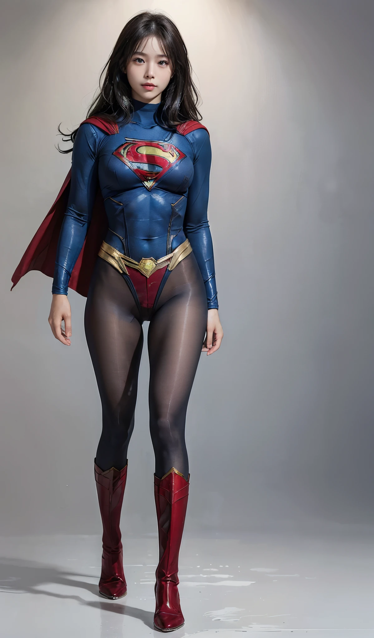 No background、(((Beautiful legs in black tights.)))、(((Legally express the beauty of your smile)))、((((Make the most of your original images)))、(((Supergirl Costume)))、(((Beautiful Hair)))、(((suffering)))、(((Please wear black tights....、Wear red boots)))、((Best image quality、8k))、((highest quality、8k、masterpiece:1.3))、(((Preserve background )))、Sharp focus:1.2、Beautiful woman with perfect figure:1.4、Slim Abs:1.2、Wet body:1.5、Highly detailed face and skin texture、8k