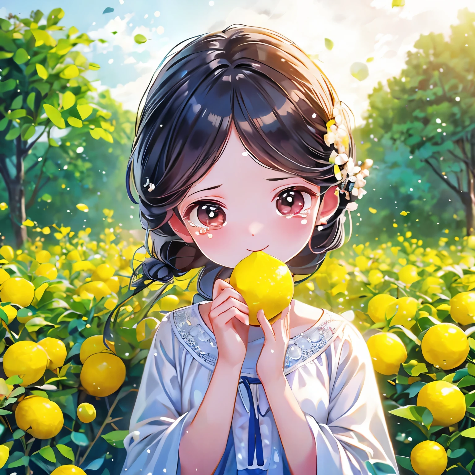 best quality, masterpiece, Super deformed, Eat lemons, Sour expression, tears