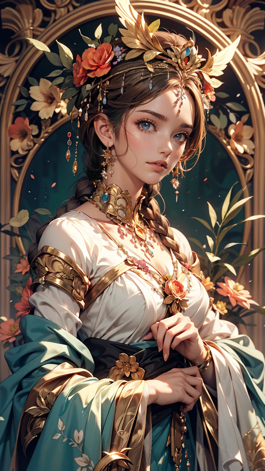 Depicts a beautiful woman with flowers in her hair、Highly detailed watercolor painting, The style of Alfons Maria Mucha and Gustav Kirmut, Art Nouveau accents, Fairy Princess, Anthropomorphic woman, Female figure, Detailed cover artwork, As the Flower Goddess, Alphonse Mucha, Gustav Klimt, Pale skin, Marble sculpture, CGSociety, Gothic art, Art Nouveau, Behance Contest Winner