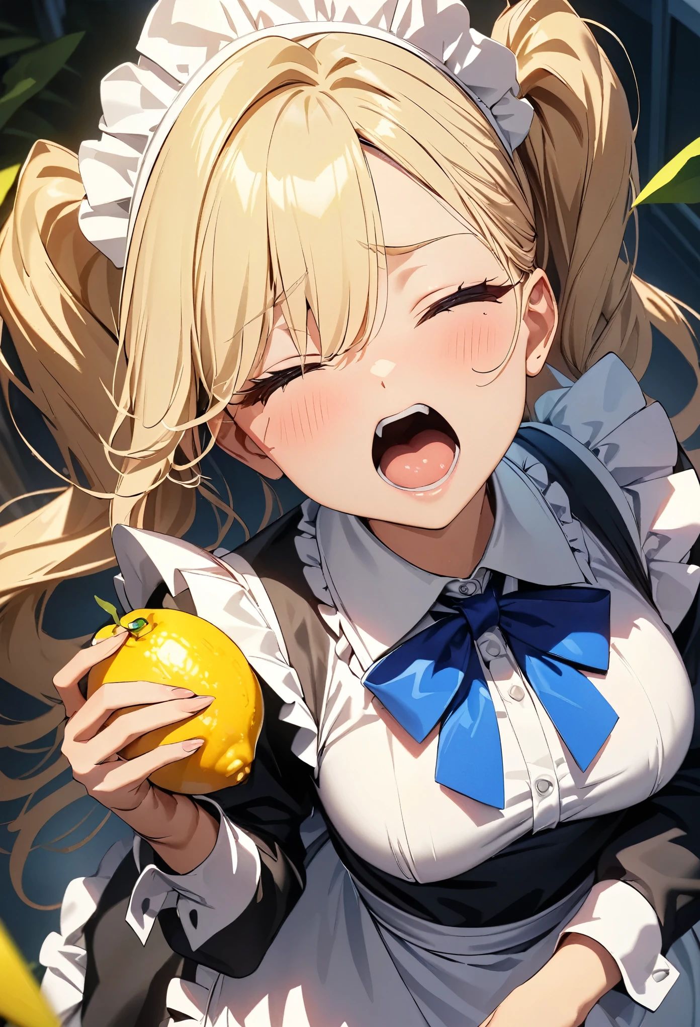 (highest quality:1.2, 4k, 8k, Studio Anime, Very detailed, Latest, Vibrant, High Detail, High Contrast, masterpiece:1.2, highest quality, Best aesthetics), (1 girl), Small breasts, Maid, Maid服, Blue ribbon, Frills, ((Open your mouth:1.2, Close ~ eyes:1.2)), sour face, (((Have a lemon, Chew lemon:1.2))), Wrinkles between the eyebrows, endured face:1.2, Cute Girls, Friendly atmosphere, Fun and young々Cool atmosphere, Precision and focus, Striking contrast,