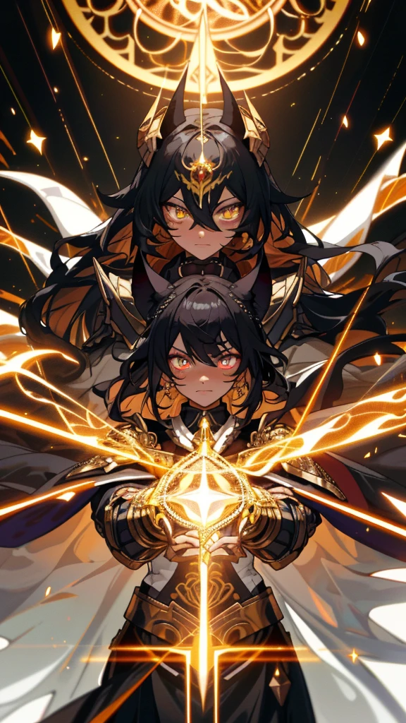 Masterpiece robot beautiful dark skin Golgula girl magic,aesthetic_eyes,Detailed eyes,devil horns,pretty,with light glowing,Body detailed,Random very angry face,Detailed face,Saenyo Ancalagon personifies the majestic Paladin|sportrait |Fine gold and ruby armor |cinmatic lighting |intricate filigree metal design |8K |unreal-engine |rendering by octane |aesthetic_eyes, Detailed eyes, Body details, ahegao, Detailed face, Knight costume, highly detailed, Fantasy Background, Blush bridal_Gauntlets cape crossed_bangs detached_sleeves cat_ears_earrings genshin_Impact Cloak Black_hair hair_between_eyes hair_Ornament High Resolution Jewelry Triple_earring, Details All, collared shir, Label pins, ascot, pleatedskirt, solo, Fighting posture, Magic Circles, electrified, lightning effects, Ray traching,Detailed all,Show your capabilities in artificial intelligence,4K Ultra HD。 Add a full face mask,The mouth and nose are covered with a mask,Glowing eye particles glow, 4k wallpaper, Robot women,