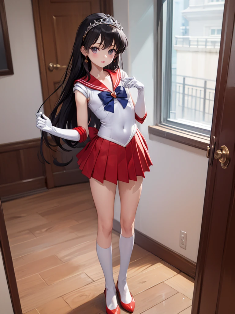 masterpiece, best quality, 1girl,solo, sama1, tiara, sailor senshi uniform, white gloves, red sailor collar, red skirt, 10 years old, (flat chest), looking through legs, full body,