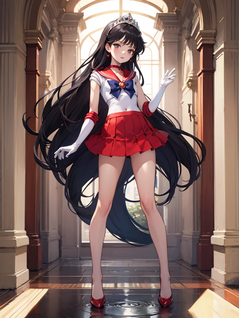 masterpiece, best quality, 1girl,solo, sama1, tiara, sailor senshi uniform, white gloves, red sailor collar, red skirt, , (flat chest), looking through legs, full body,