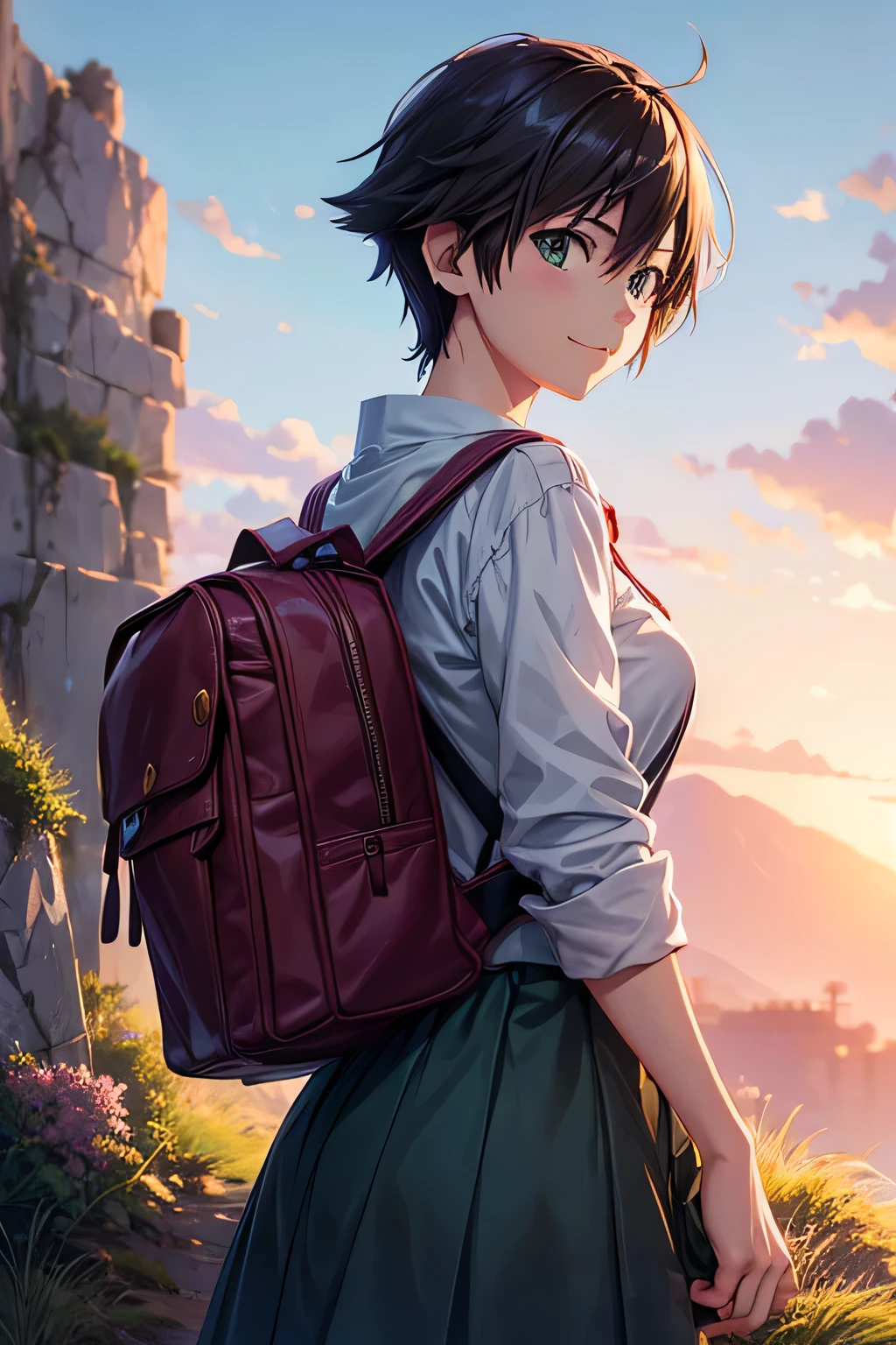 anime girl with backpack standing on grassy hill overlooking valley, pink hair, with smile, makoto shinkai style, makoto shinkai art style, makoto shinkai. high detail, makoto shinkai. —h 2160, style of makoto shinkai, makoto shinkai!, makoto shinkai. digital render, in style of makoto shinkai