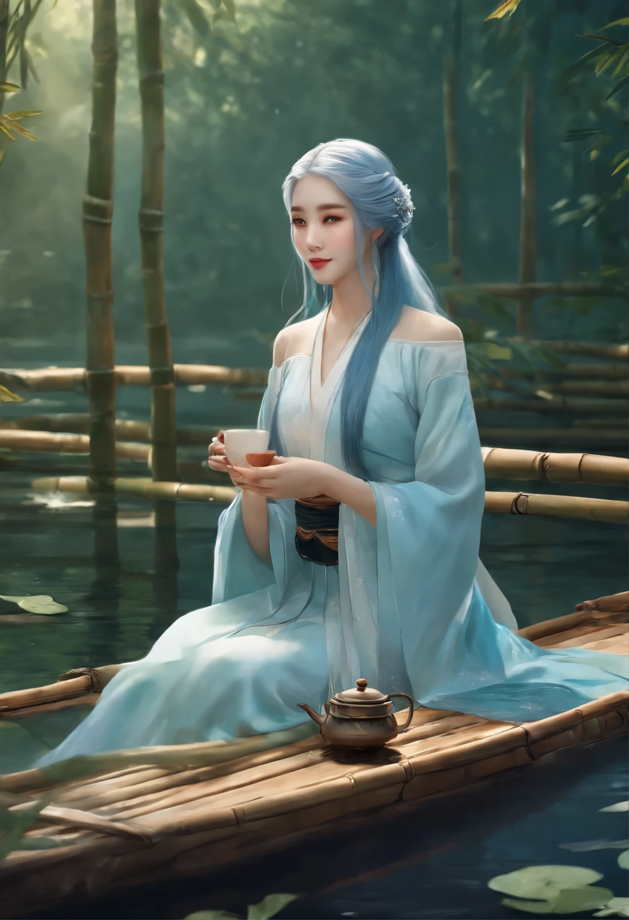 masterpiece, best quality, Official Art, 8k wallpaper, Very detailed, illustration, 1 girl, Sky blue hair, long hair, delicate eyes, Forrest Gump, Bare shoulders, Hanfu, lake, Pure, Gentle smile, bamboo, Tea