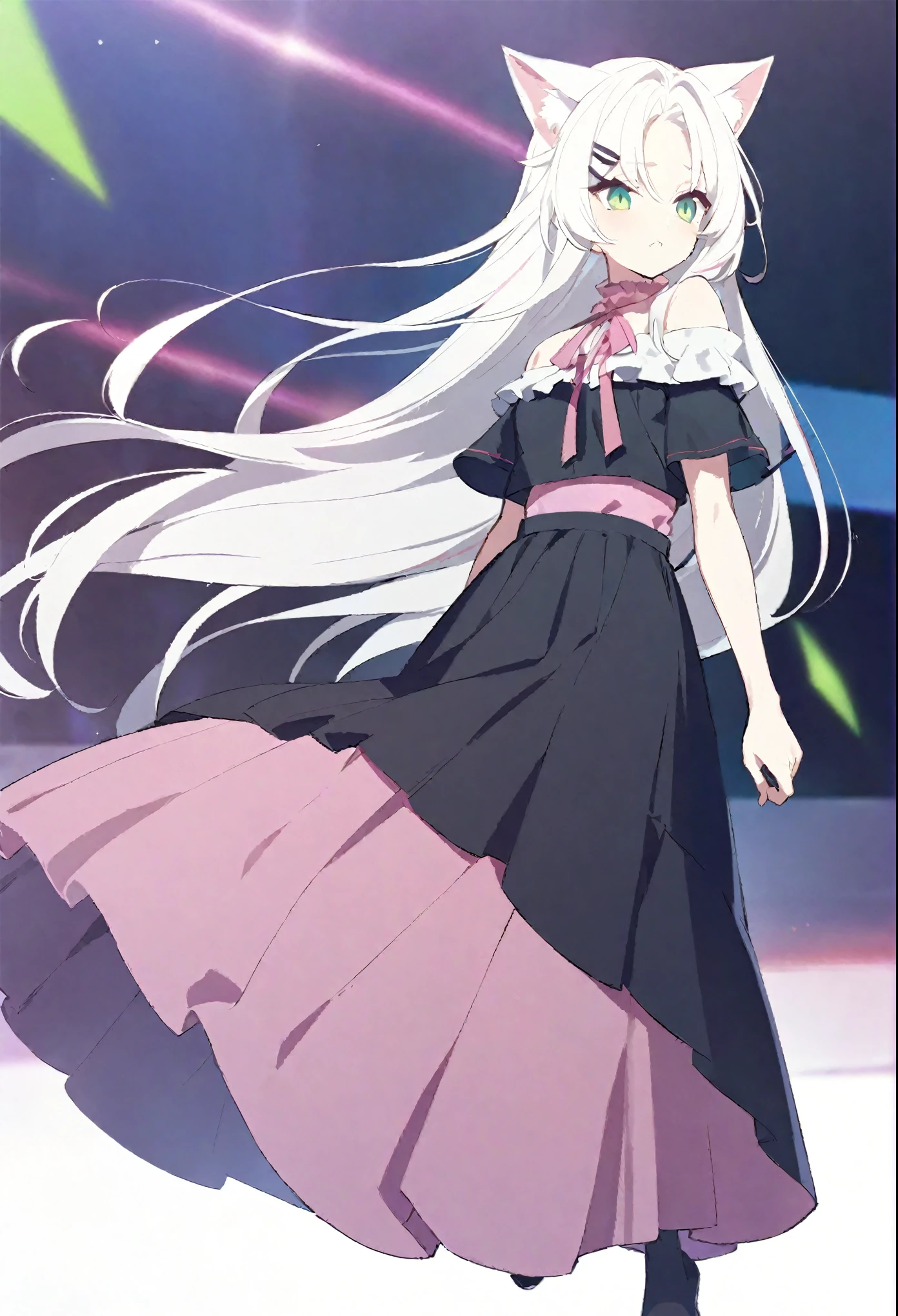 ((Anime cat girl)), ((White long hair)), ((Green eyes)), ((Ruffled off-shoulder shirt)), ((Long skirt)), (Black stockings)), ((Pink neck ribbon)), ((Hairclip)). 