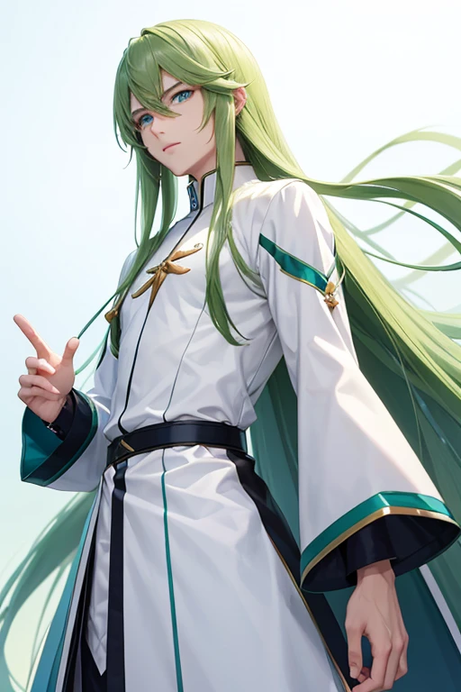 Green long hair Anime Male Fantasy Cool clothes White long sleeve blue eyes