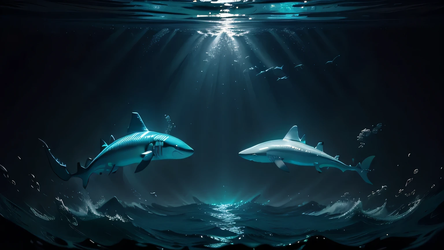 A captivating 8K, 16:9 image showcases a mesmerizing school of sharks swimming with fluid precision and remarkable coordination, leaving an alluring ripple of shimmering silver trails in their wake. The underwater scene is rendered in stunning hyper-detailed accuracy, utilizing Octane Render and studio lighting to achieve a photorealistic experience that brings the ocean's depths to life. Vibrant colors are used throughout the composition, creating an awe-inspiring contrast with the sleek, silver bodies of the sharks, their dorsal fins slicing through the water with dynamic power. Bursts of dramatic lighting illuminate the scene, setting the mood for a