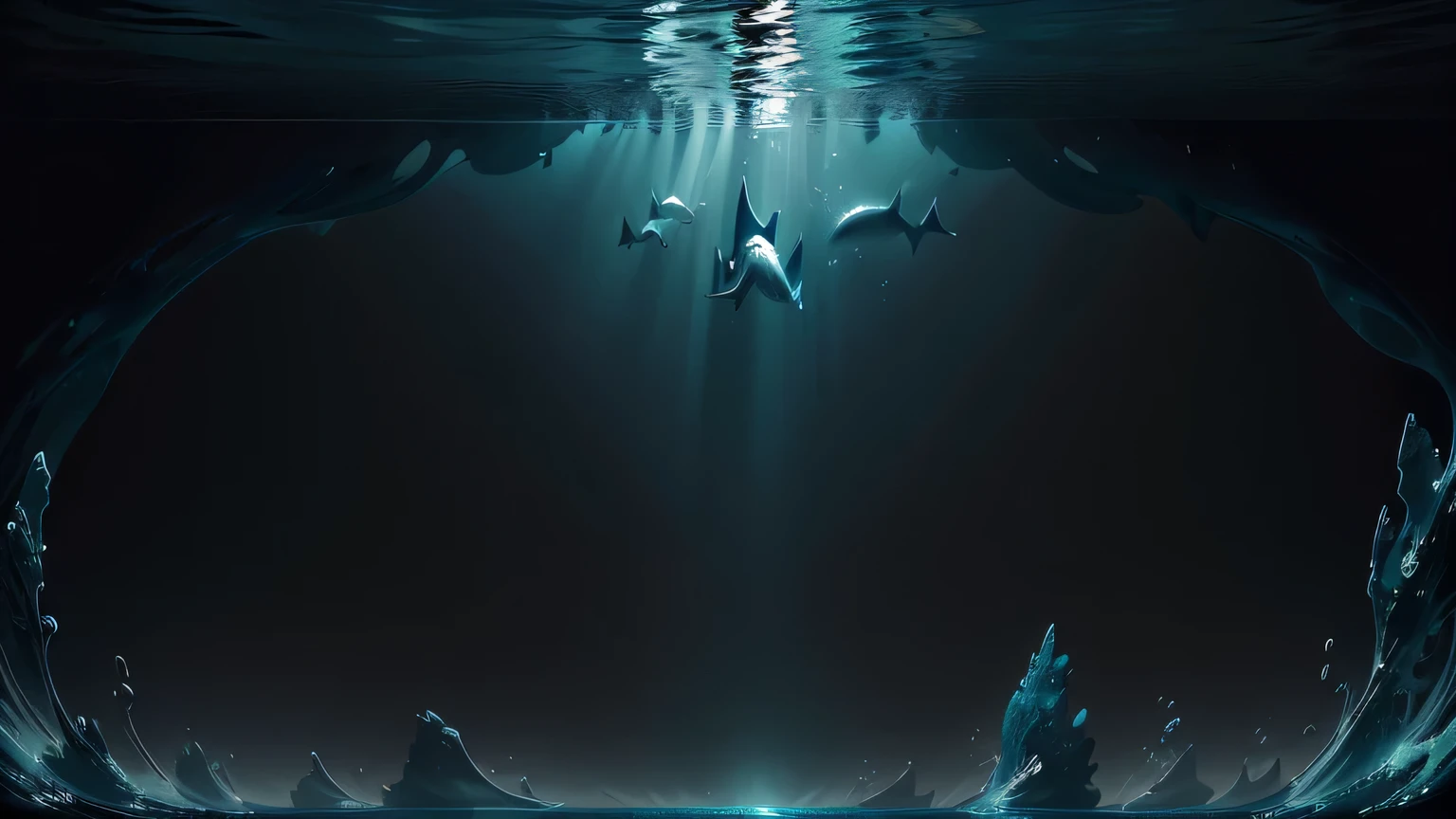 A captivating 8K, 16:9 image showcases a mesmerizing school of sharks swimming with fluid precision and remarkable coordination, leaving an alluring ripple of shimmering silver trails in their wake. The underwater scene is rendered in stunning hyper-detailed accuracy, utilizing Octane Render and studio lighting to achieve a photorealistic experience that brings the ocean's depths to life. Vibrant colors are used throughout the composition, creating an awe-inspiring contrast with the sleek, silver bodies of the sharks, their dorsal fins slicing through the water with dynamic power. Bursts of dramatic lighting illuminate the scene, setting the mood for a