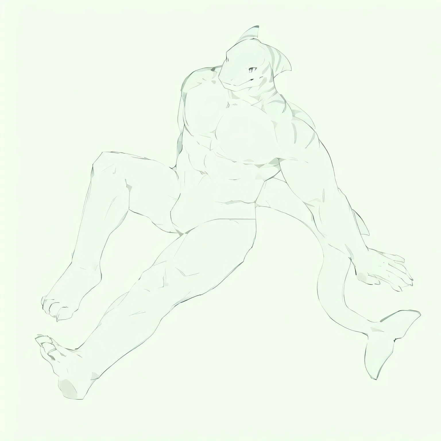 Furry, kemono, anthro, male, shark, muscular, sitting pose, sketch, base shape sketch, base sketch, (laying on the ground with hands as a stand), perspective pose, one leg bent