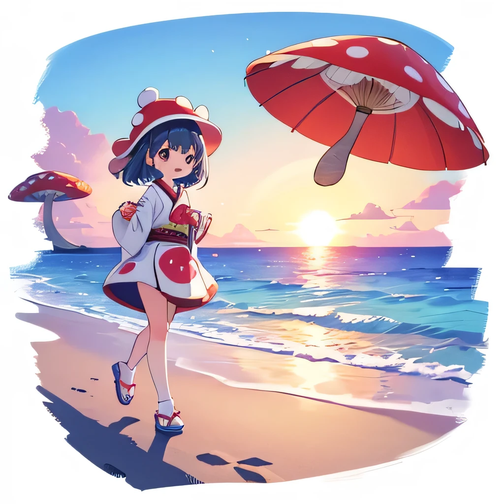 very cute、highest quality、Super detailed、A girl wearing a red mushroom hat with round spots and a cute little mushroom are strolling along the beach with a rainbow-colored Japanese umbrella.、I can see the clear blue sky and the dazzling sunset.、Small mushrooms follow behind the girls.