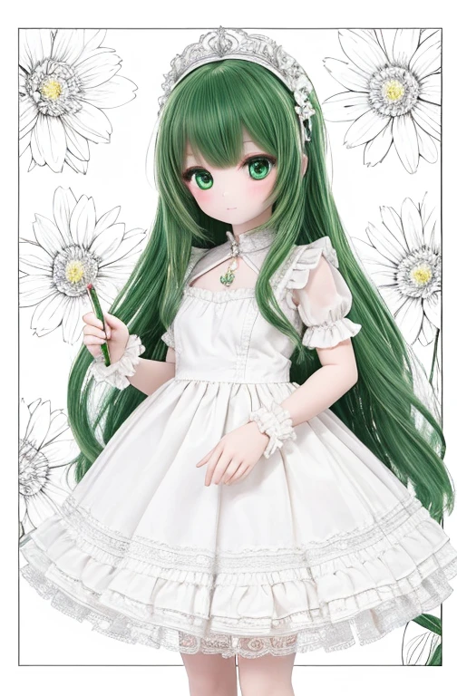 Black and White,Line art,Coloring book,Convert the given image of a beautiful girl with long green hair wearing a frilly white dress into a detailed coloring page. Ensure the outline is clear and defined, suitable for coloring. Maintain the details of her dress, hair, and floral accessories. Remove any background elements to focus solely on the character.