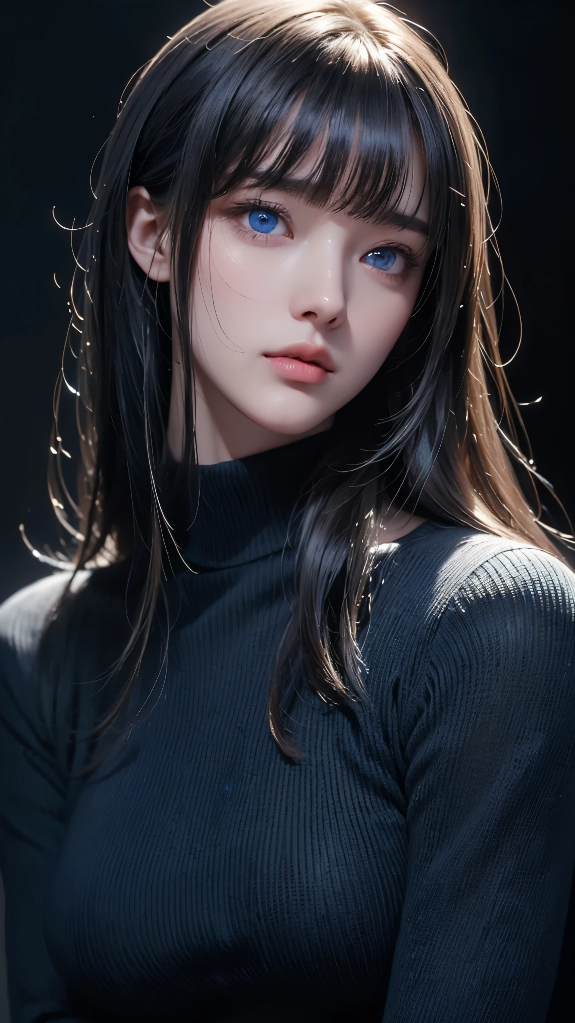 masterpiece, highest quality, Super detailed, Facing the camera, 複雑に詳細なSuper detailed, Realistic, Sharp features, Very detailed, Sharp focus, Perfect Face, Perfect Face, Perfect symmetrical perfect eyes, Perfect Plump Lips, Flexible female form, Cinematic, Film Light, Super detailed, hyper Realistic, masterpiece, Atmospheric, High resolution, Vibrant, Dynamic Studio Lighting, ((Dark Background)), The expression when enduring pleasure, Straight bangs, blue eyes,Black sweater, Cowboy Shot,turtleneck、first round、Sexually aroused expression