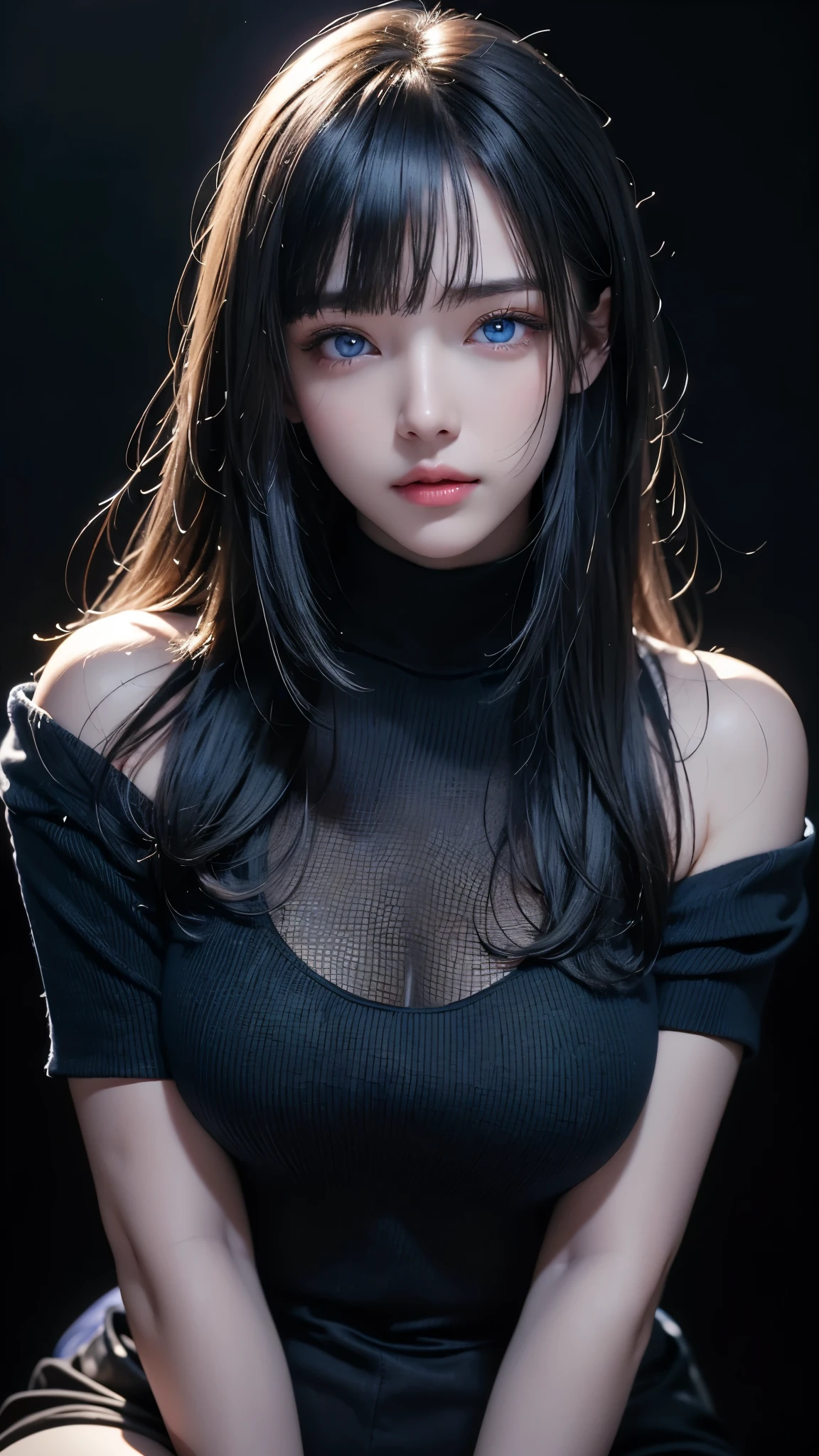 masterpiece, highest quality, Super detailed, Facing the camera, 複雑に詳細なSuper detailed, Realistic, Sharp features, Very detailed, Sharp focus, Perfect Face, Perfect Face, Perfect symmetrical perfect eyes, Perfect Plump Lips, Flexible female form, Cinematic, Film Light, Super detailed, hyper Realistic, masterpiece, Atmospheric, High resolution, Vibrant, Dynamic Studio Lighting, ((Dark Background)), The expression when enduring pleasure, Straight bangs, blue eyes,Black sweater, Cowboy Shot,turtleneck、first round、Sexually aroused expression