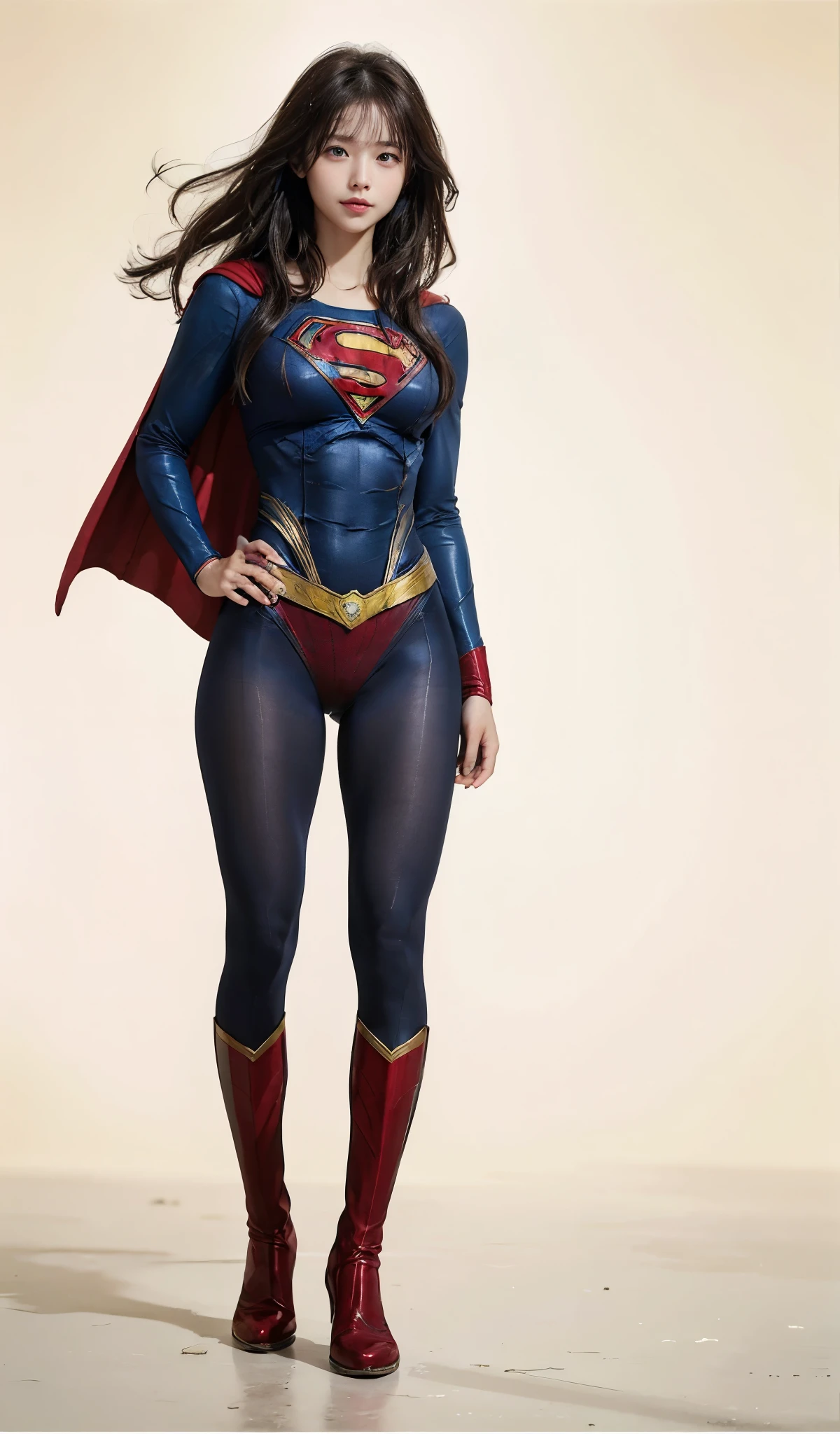 No background、(((Beautiful legs in black tights.)))、(((Legally express the beauty of your smile)))、((((Make the most of your original images)))、(((Supergirl Costume)))、(((Beautiful Hair)))、(((suffering)))、(((Please wear black tights....、Wear red boots)))、((Best image quality、8k))、((highest quality、8k、masterpiece:1.3))、(((Preserve background )))、Sharp focus:1.2、Beautiful woman with perfect figure:1.4、Slim Abs:1.2、Wet body:1.5、Highly detailed face and skin texture、8k