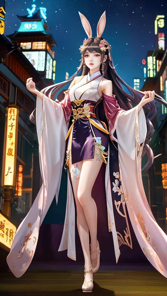 1 man,adult, looking at the audience, city View, night, hair accessories, long hair, fake animal ears, skirt,shirt,Clothing tailoring, Rabbit ears, full body xianxia, Anime Girls Cosplay, Gorgeous role play, japanese goddess, Beautiful charming anime woman, beautiful fantasy queen, anime goddess,
