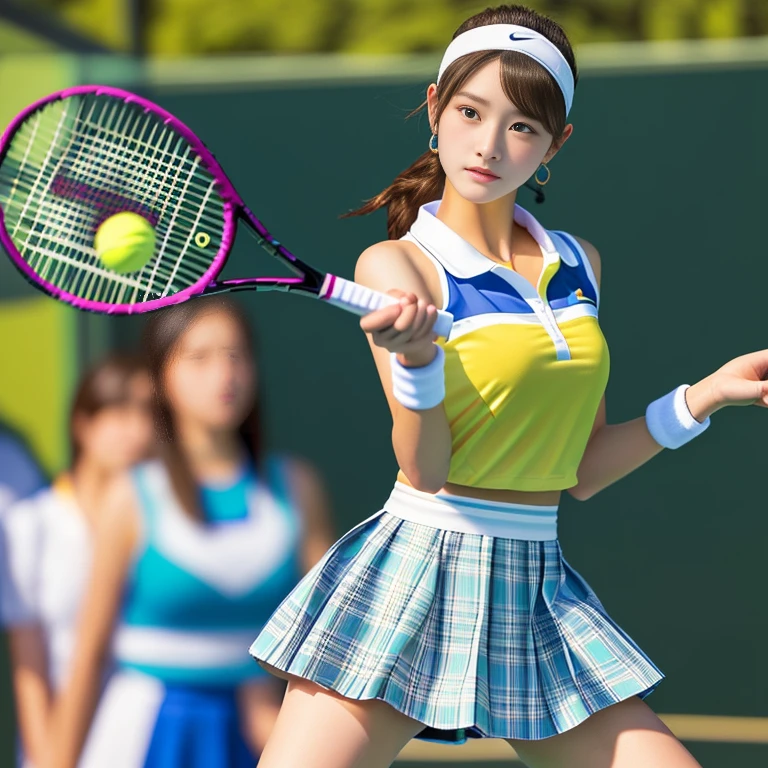 Photo-realistic quality、 Playing tennis２０Age idol, Tennis Wear, Playing tennis女子大生,  The moment a yellow tennis ball is hit with a realistic racket,Detailed and beautiful eyes、White tops、Coat of checks、Beautiful Japanese Model、Detailed and beautiful eyes、Gentle expression