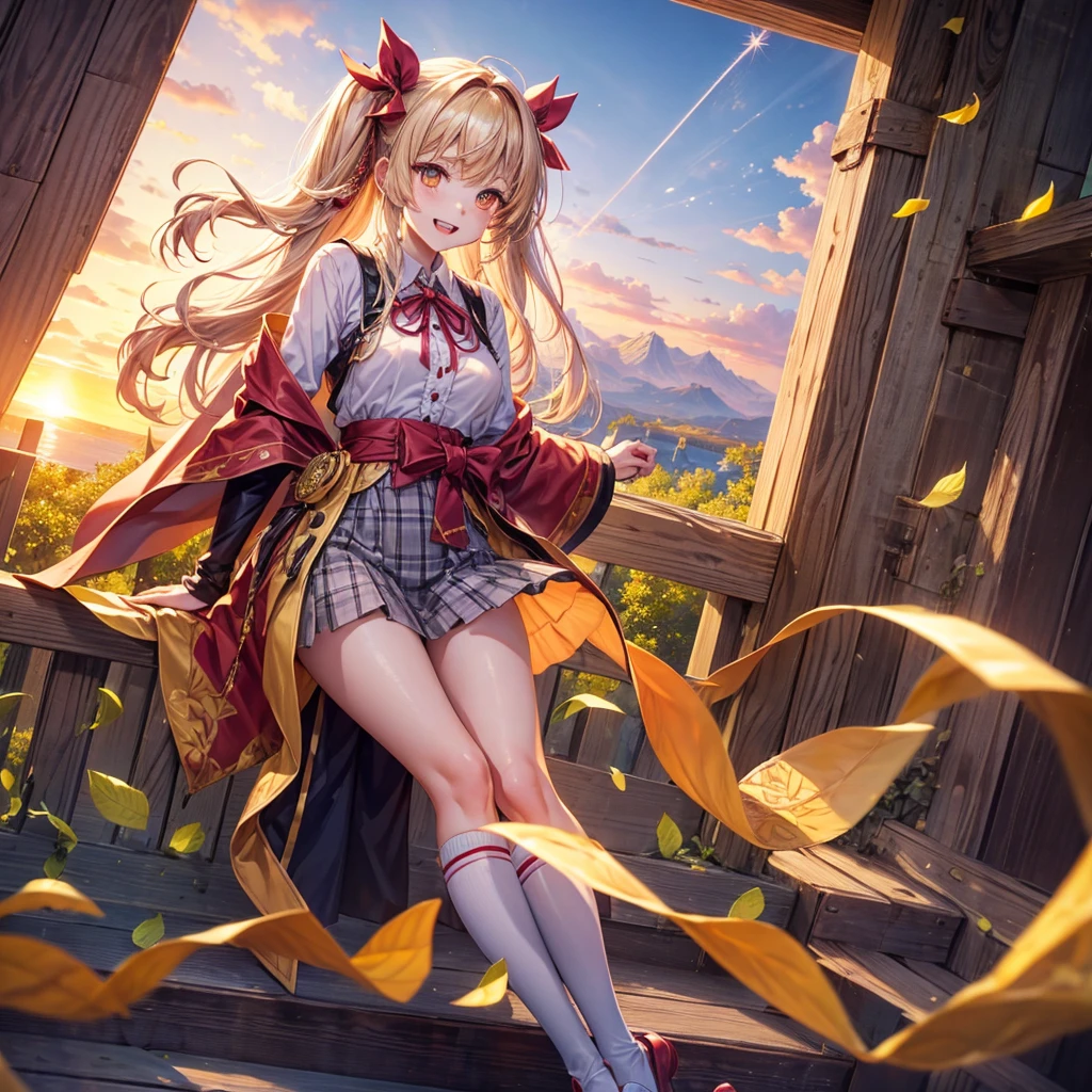 Pink gold golden hair、Golden Eyes、One good looking girl、solo、anime、Checkered mini skirt、Ruffles on the skirt、Red T-shirt、Cape、Gothic、Black knee-high socks、Wearing a ribbon、Ribbon on waist、Tilting face、Teeth are visible、Sunset sky、Piercing the clouds、Contrail、lens、tree、Touching your face、lotus leaves、Cumulonimbus、Pillar of Light