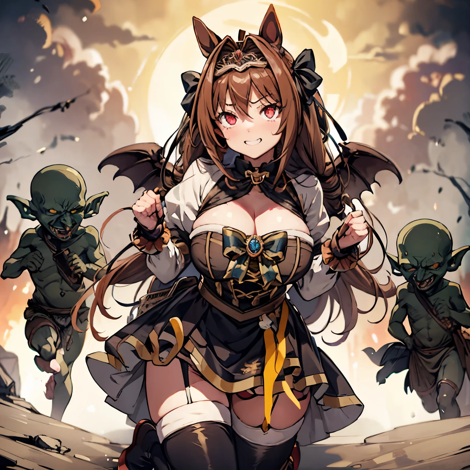 masterpiece, (((goblinriding, a goblin is riding a girl))), goblin, mutiple goblins, goblins, (((all fours))), 1girl, (epaulettes:1.1), (nose hook), reins, collar, chain, rope, obey, proud face happy trance, smile, hair ornaments, expressionless, emotionless, blank eyes, empty eyes, mind control, apocalyptic background, monster, glowing eyes, horror, goblin gangbang, huge breast, Large Breast, brown hair, hair intake, red eyes, long hair, twintails, animal ears, horse girl, daiwa scarlet (umamusume), tiara, epaulettes, fang, garter straps, long sleeves, bowtie, bangs, blue jacket, white thighhighs, white shirt, white skirt, hair bow, scarlet_nuit_etoile