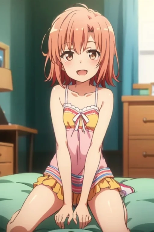 ((highest quality)), ((masterpiece)), (be familiar with), Perfect Face, indoor, Bedroom, Watching the audience,
One woman, Yuigahama Yui,
Open Mouth, Ecstatic expression, blush, smile,
Small breasts, Flat Chest, Young Girl, , , Girl,
Short Hair, Salmon-colored hair, Salmon-colored eyes, Side Pony,
Leg spread,