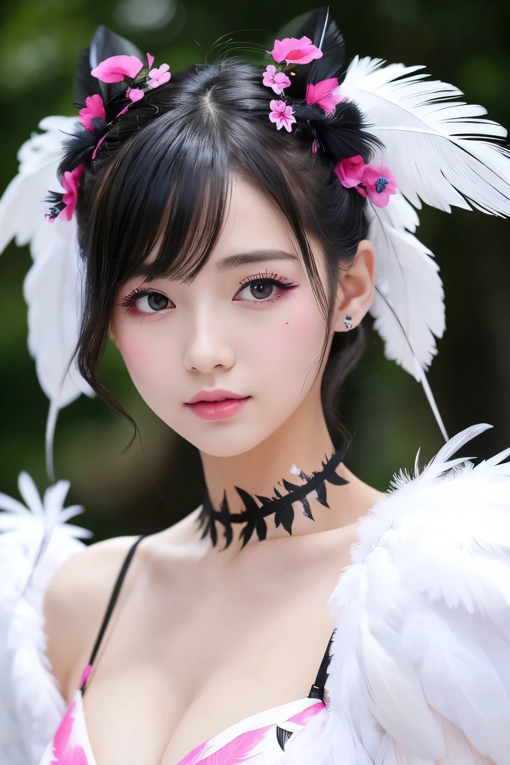 A young woman with an angelic appearance、She has pink and black floral body paint.。She has white feather wings、Hair is tied up in an updo。The woman&#39;s face also features small floral and butterfly designs.、I have a gentle smile on my face。There is warm lighting in the background.、The overall image has a fantastical and romantic atmosphere.。