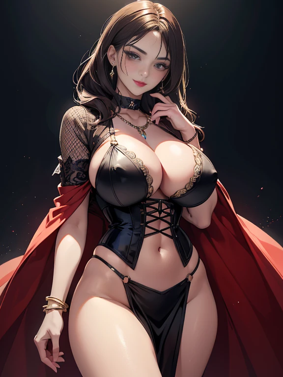 (accurate body depiction), (big breasts: 1.6), short and very transparent mesh corset with random collars, short and very transparent mesh skirt with random collars, exposed thighs, beautiful woman with high hips, big eyes, brown eyes, bright makeup, red lipstick, dark fantasy, long dark hair, beauty marks, bright eyes, queen, dark background, bokeh, collarbone, navel, ((extra large glamor)), (masterpiece, highest quality), illustration, 8k highly detailed and realistic, sharp focus, highly detailed ham, professional Lighting, nice details, intricate details, attractive girl, various bold AV model poses, smiling smile, anticipation, realistic high-definition, soft lighting, open legs, solo, lifted hips, glowing skin, (detailed face), jewelry, large Beautiful necklaces, beautiful bracelets, sharp focus photos (absolutely no bad fingers or bodies).