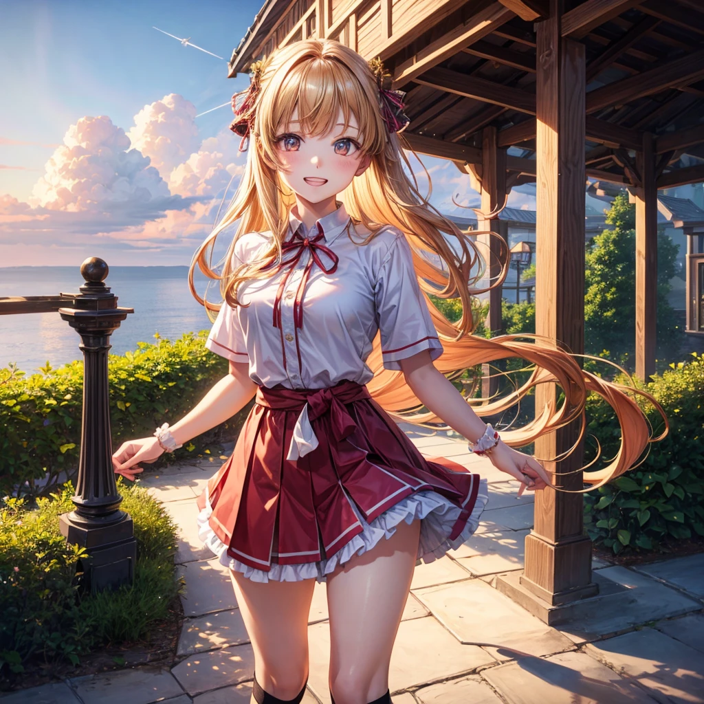 Pink gold golden hair、Golden Eyes、One good looking girl、solo、anime、Checkered mini skirt、Ruffles on the skirt、Red T-shirt、Cape、Gothic、Black knee-high socks、Wearing a ribbon、Ribbon on waist、Tilting face、Teeth are visible、Sunset sky、Piercing the clouds、Contrail、lens、tree、Touching your face、lotus leaves、Cumulonimbus、Pillar of Light