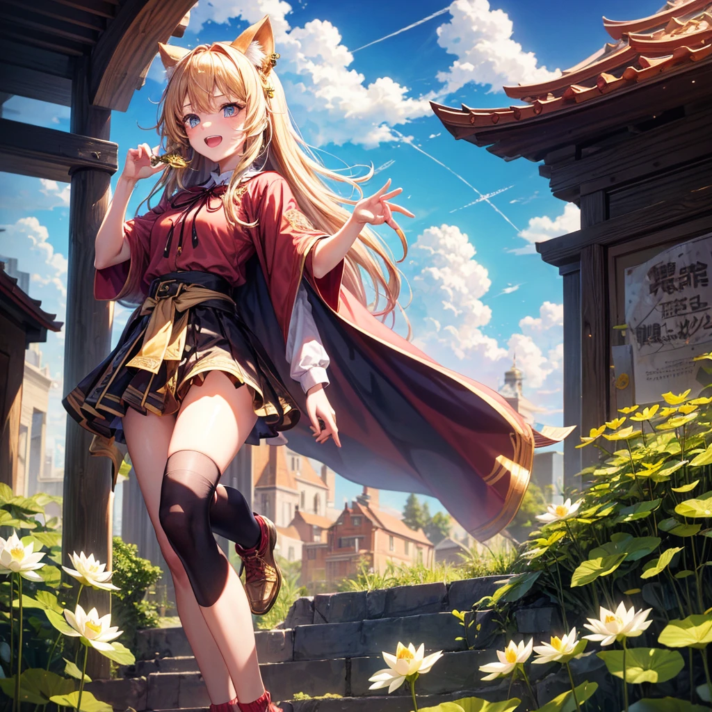 Pink gold golden hair、Golden Eyes、One good looking girl、solo、anime、Checkered mini skirt、Ruffles on the skirt、Red T-shirt、Cape、Gothic、Black knee-high socks、Wearing a ribbon、Ribbon on waist、Tilting face、Teeth are visible、Sunset sky、Piercing the clouds、Contrail、lens、tree、Touching your face、lotus leaves、Cumulonimbus、Pillar of Light