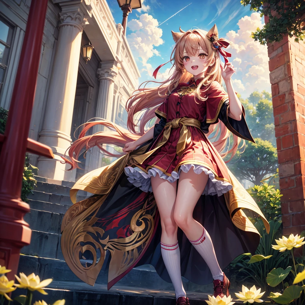 Pink gold golden hair、Golden Eyes、One good looking girl、solo、anime、Checkered mini skirt、Ruffles on the skirt、Red T-shirt、Cape、Gothic、Black knee-high socks、Wearing a ribbon、Ribbon on waist、Tilting face、Teeth are visible、Sunset sky、Piercing the clouds、Contrail、lens、tree、Touching your face、lotus leaves、Cumulonimbus、Pillar of Light