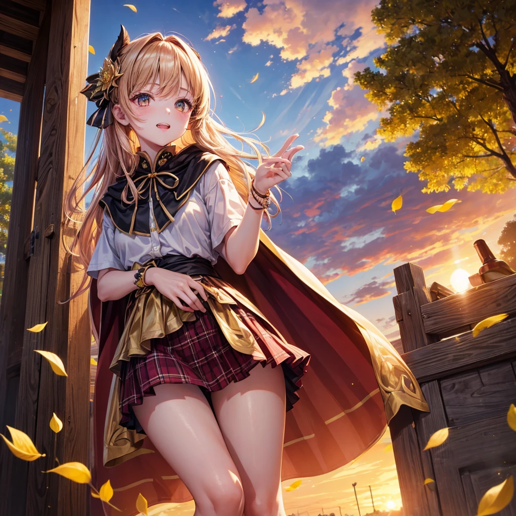 Pink gold golden hair、Golden Eyes、One good looking girl、solo、anime、Checkered mini skirt、Ruffles on the skirt、Red T-shirt、Cape、Gothic、Black knee-high socks、Wearing a ribbon、Ribbon on waist、Tilting face、Teeth are visible、Sunset sky、Piercing the clouds、Contrail、lens、tree、Touching your face、lotus leaves、Cumulonimbus、Pillar of Light