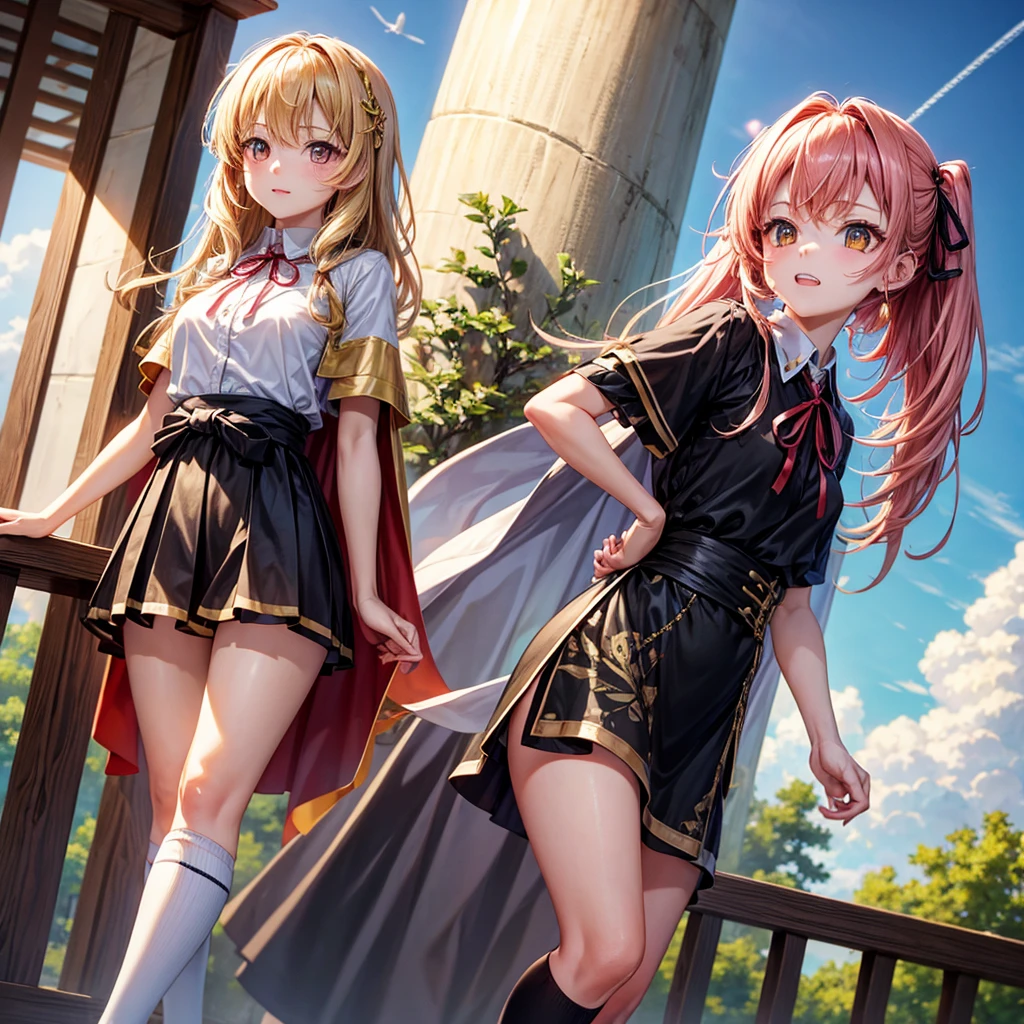 Pink gold golden hair、Golden Eyes、One good looking girl、solo、anime、Checkered mini skirt、Ruffles on the skirt、Red T-shirt、Cape、Gothic、Black knee-high socks、Wearing a ribbon、Ribbon on waist、Tilting face、Teeth are visible、Sunset sky、Piercing the clouds、Contrail、lens、tree、Touching your face、lotus leaves、Cumulonimbus、Pillar of Light